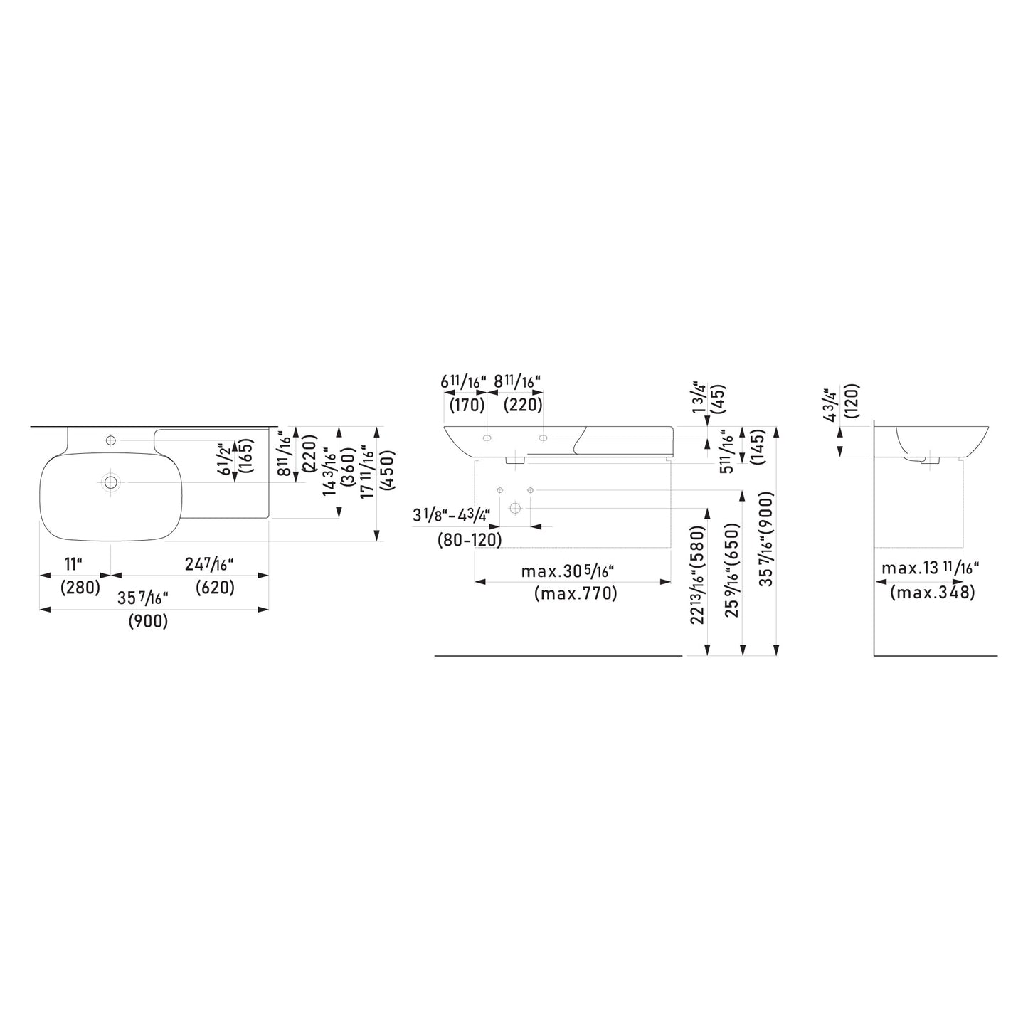 Laufen Ino 35" x 18" Matte Black Wall-Mounted Shelf-Right Bathroom Sink With Faucet Hole