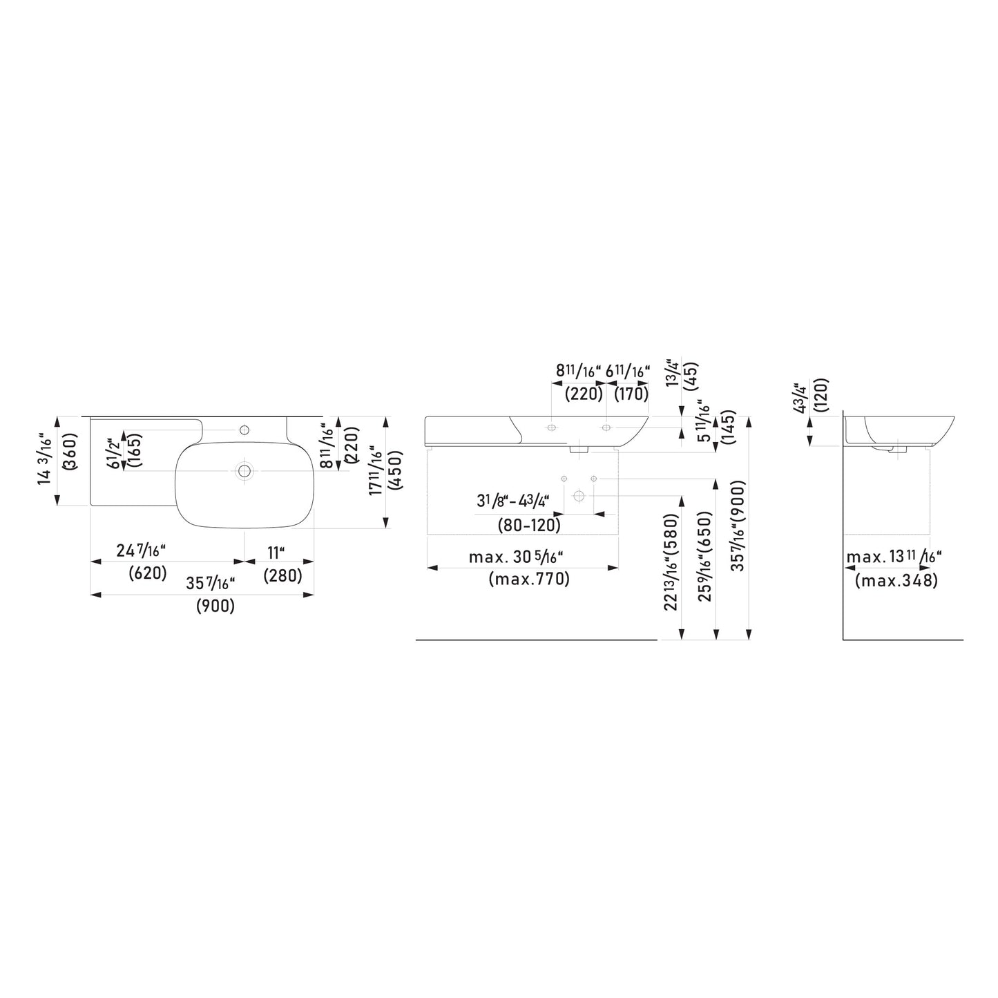 Laufen Ino 35" x 18" Matte Graphite Wall-Mounted Shelf-Left Bathroom Sink Without Faucet Hole