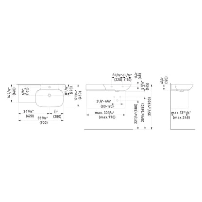 Laufen Ino 35" x 18" Matte Graphite Wall-Mounted Shelf-Left Bathroom Sink Without Faucet Hole