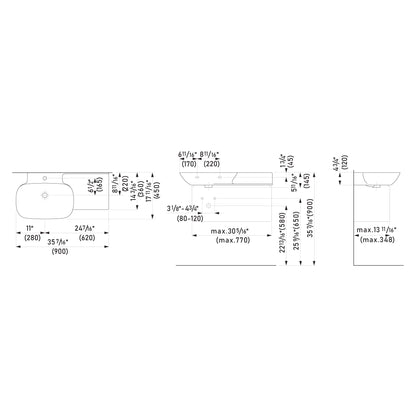 Laufen Ino 35" x 18" Matte Graphite Wall-Mounted Shelf-Right Bathroom Sink With Faucet Hole