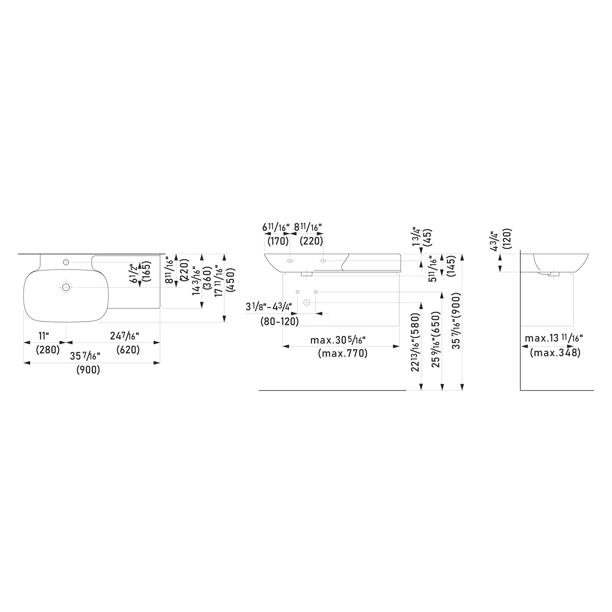 Laufen Ino 35" x 18" Matte White Wall-Mounted Shelf-Right Bathroom Sink With Faucet Hole