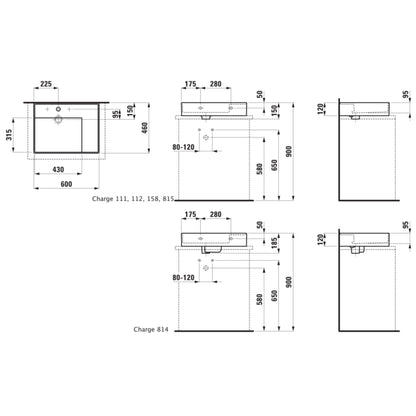 Laufen Kartell 24" x 18" Matte Graphite Countertop Shelf-Right Bathroom Sink With 3 Faucet Holes