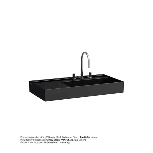 Laufen Kartell 35" x 18" Glossy Black Wall-Mounted Shelf-Left Bathroom Sink Without Faucet Hole