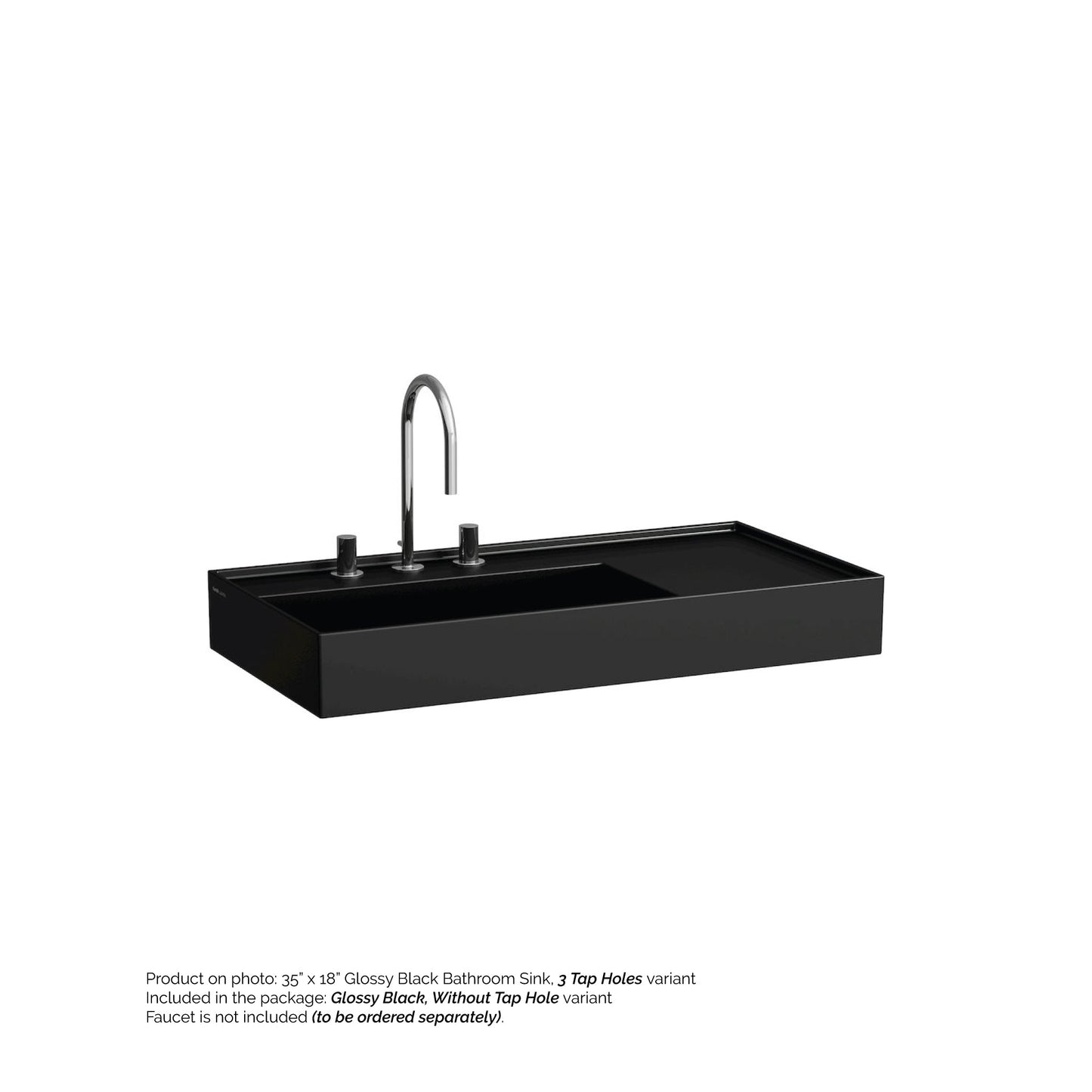 Laufen Kartell 35" x 18" Glossy Black Wall-Mounted Shelf-Right Bathroom Sink Without Faucet Hole