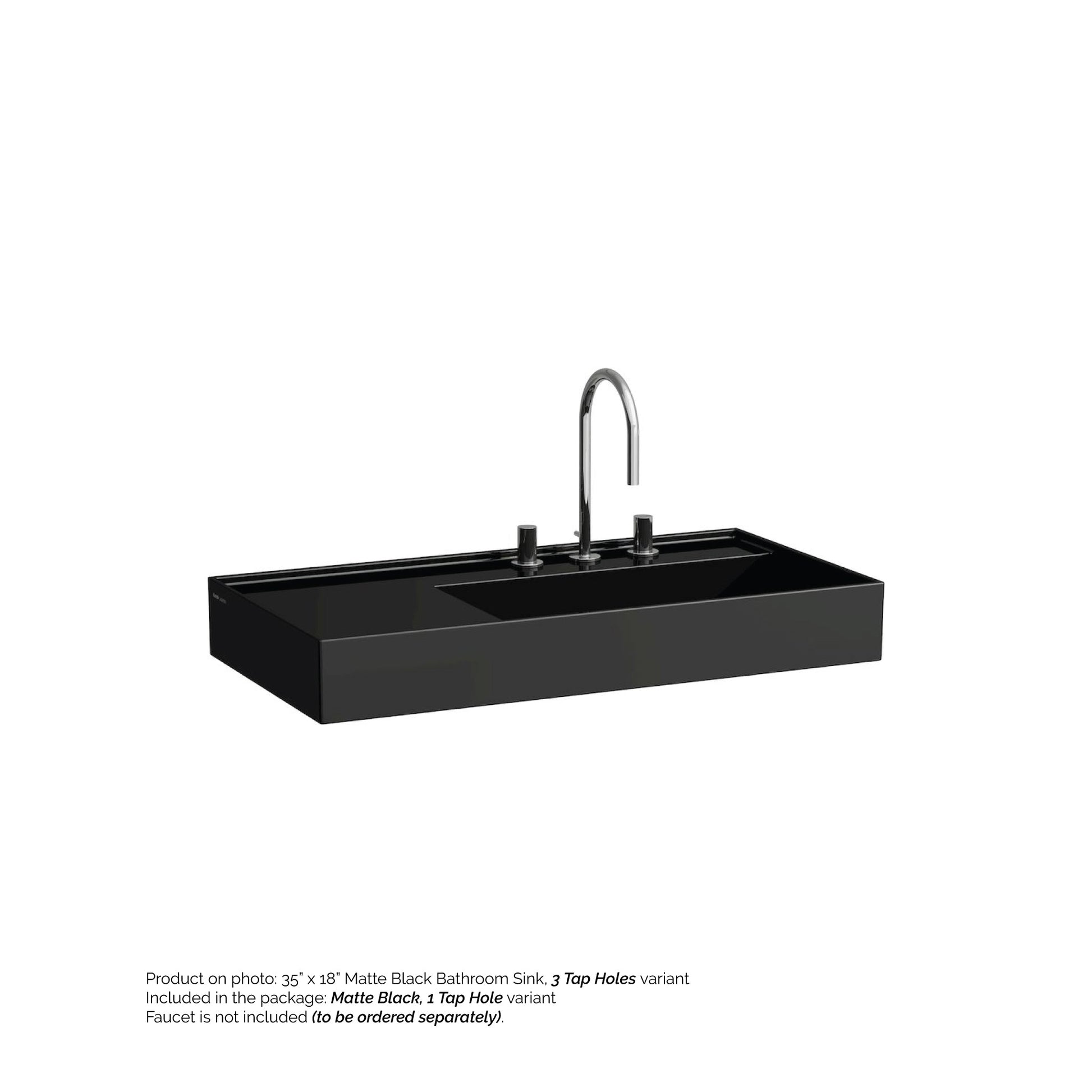 Laufen Kartell 35" x 18" Matte Black Wall-Mounted Shelf-Left Bathroom Sink With Faucet Hole