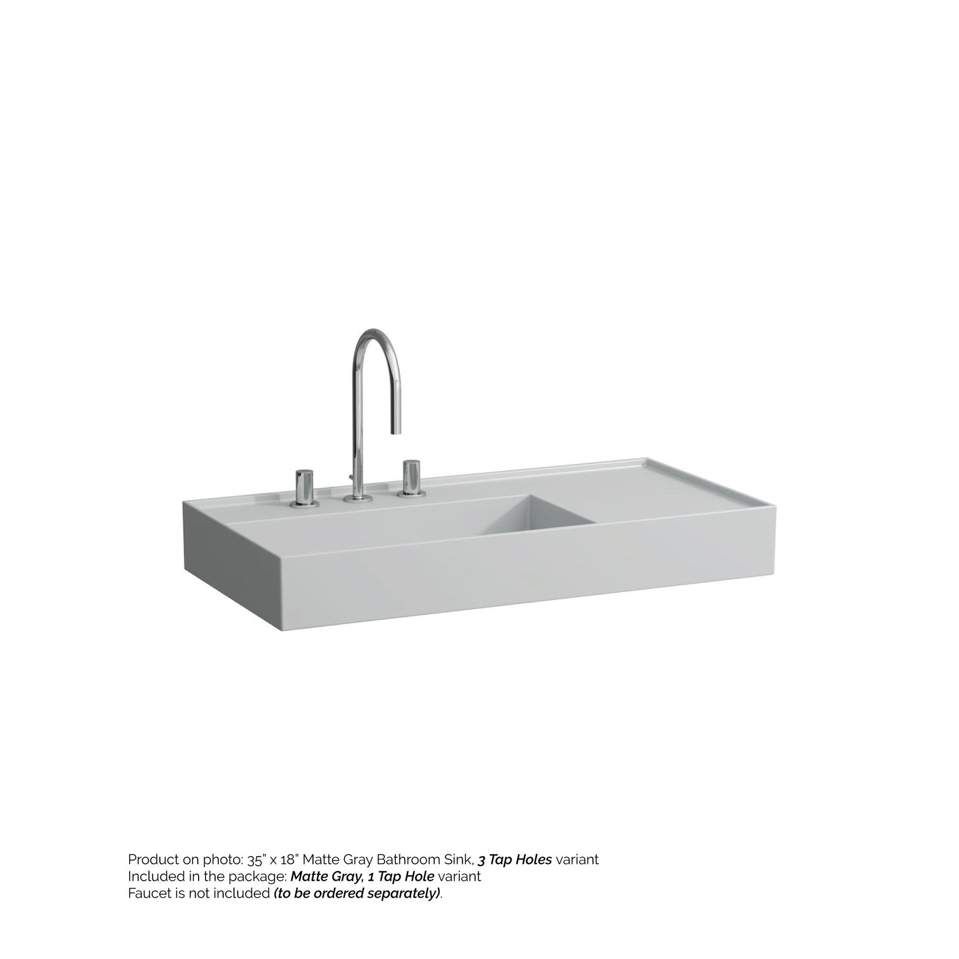 Laufen Kartell 35" x 18" Matte Gray Wall-Mounted Shelf-Right Bathroom Sink With Faucet Hole