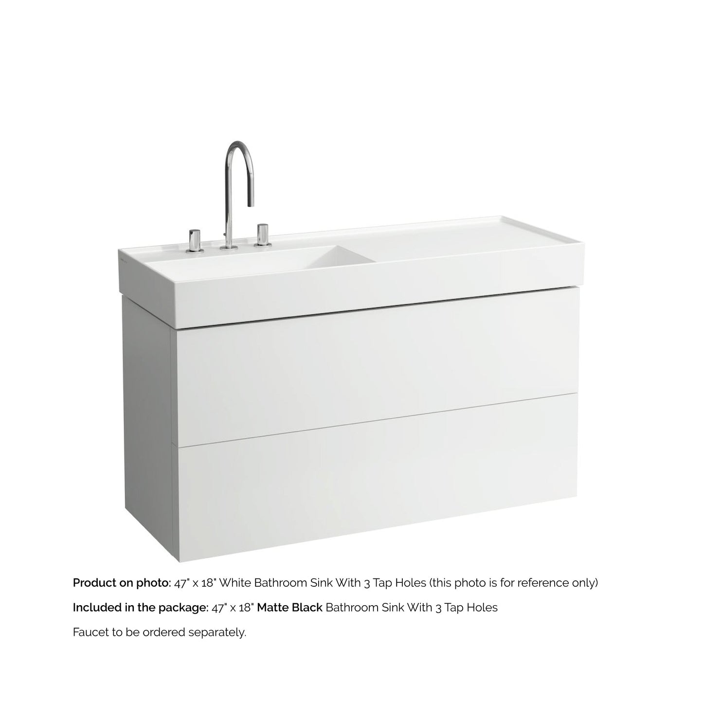 Laufen Kartell 47" x 18" Matte Black Wall-Mounted Shelf-Right Bathroom Sink With 3 Faucet Holes