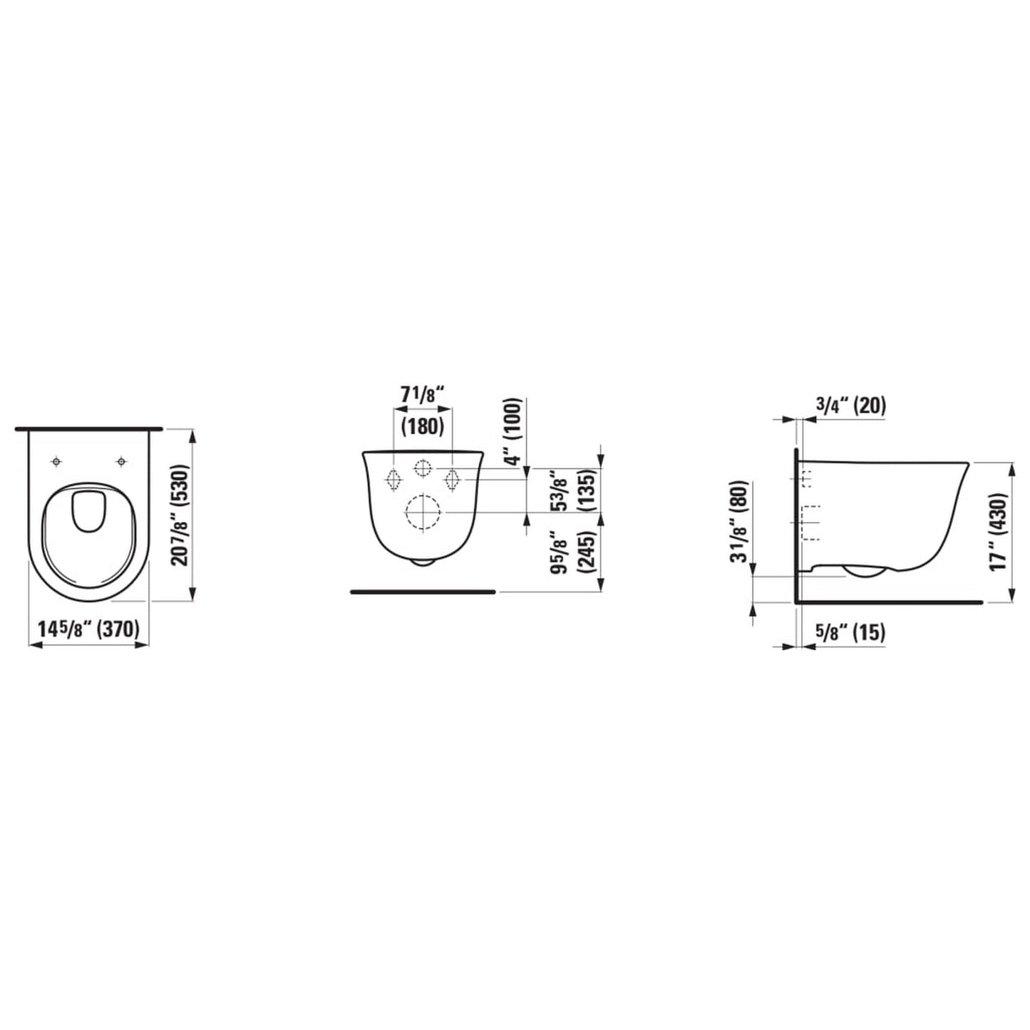 Laufen New Classic 15" Matte White Dual-Flush Washdown Rimless Wall-Mounted Toilet