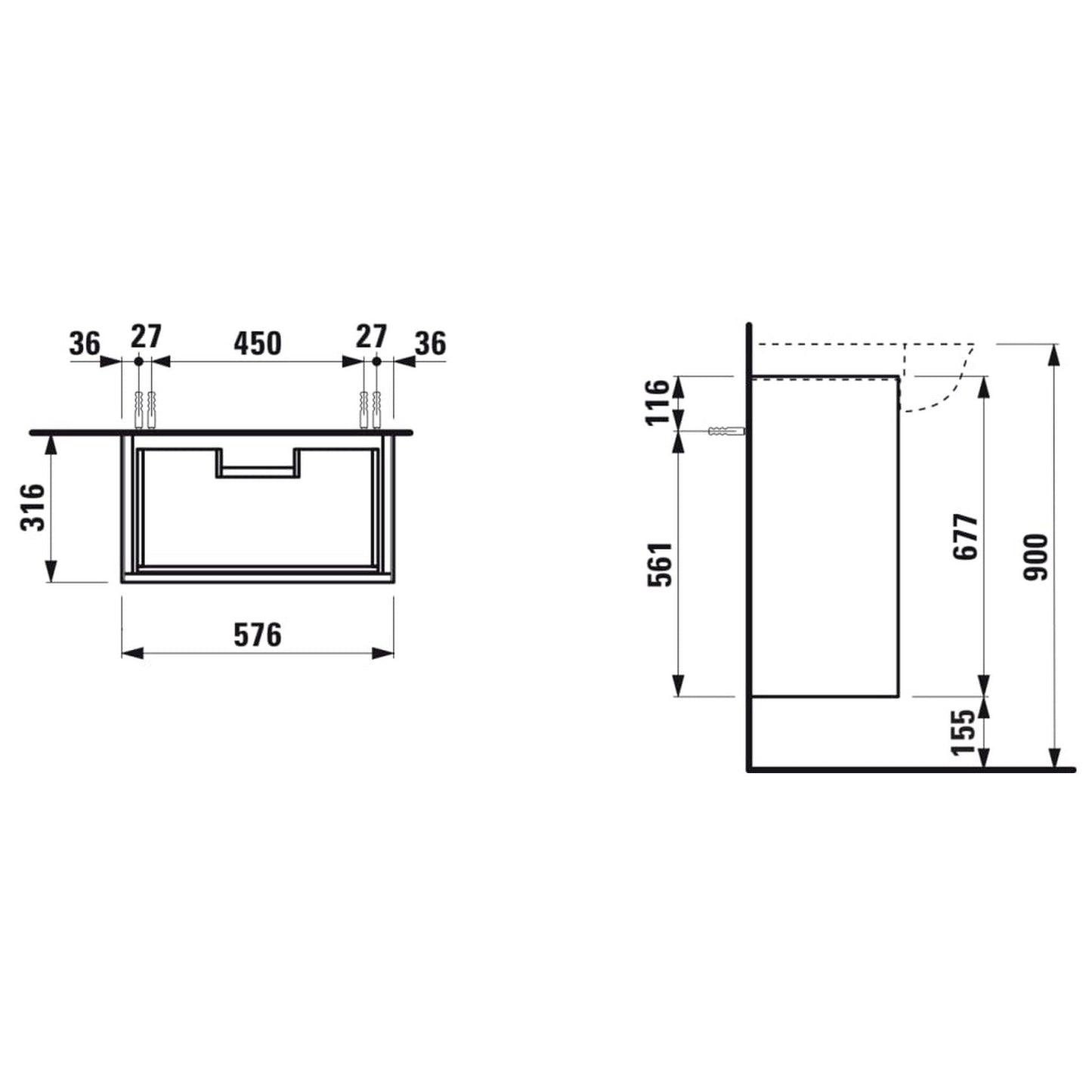 Laufen New Classic 23" 2-Drawer Matte White Wall-Mounted Vanity for New Classic Bathroom Sink Model: H813853