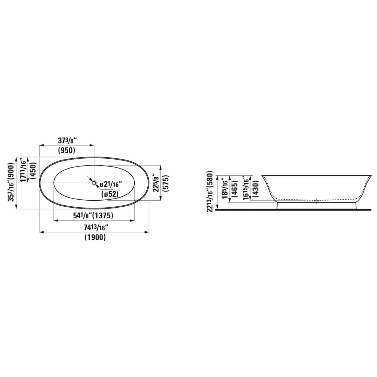 Laufen New Classic 35" x 75" Oval Matte Satin White Freestanding Bathtub