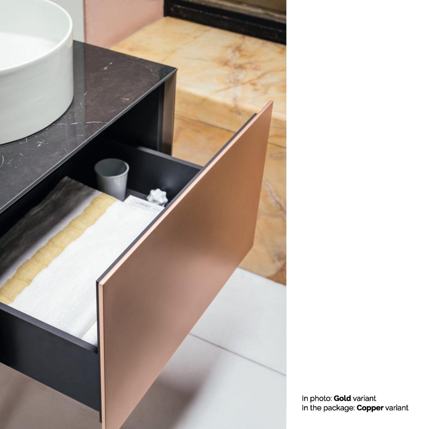Laufen Sonar 23" 1-Drawer Copper Wall-Mounted Vanity With Nero Marquina Marble Top, Center Sink Cut-out, Pre-drilled Faucet Hole