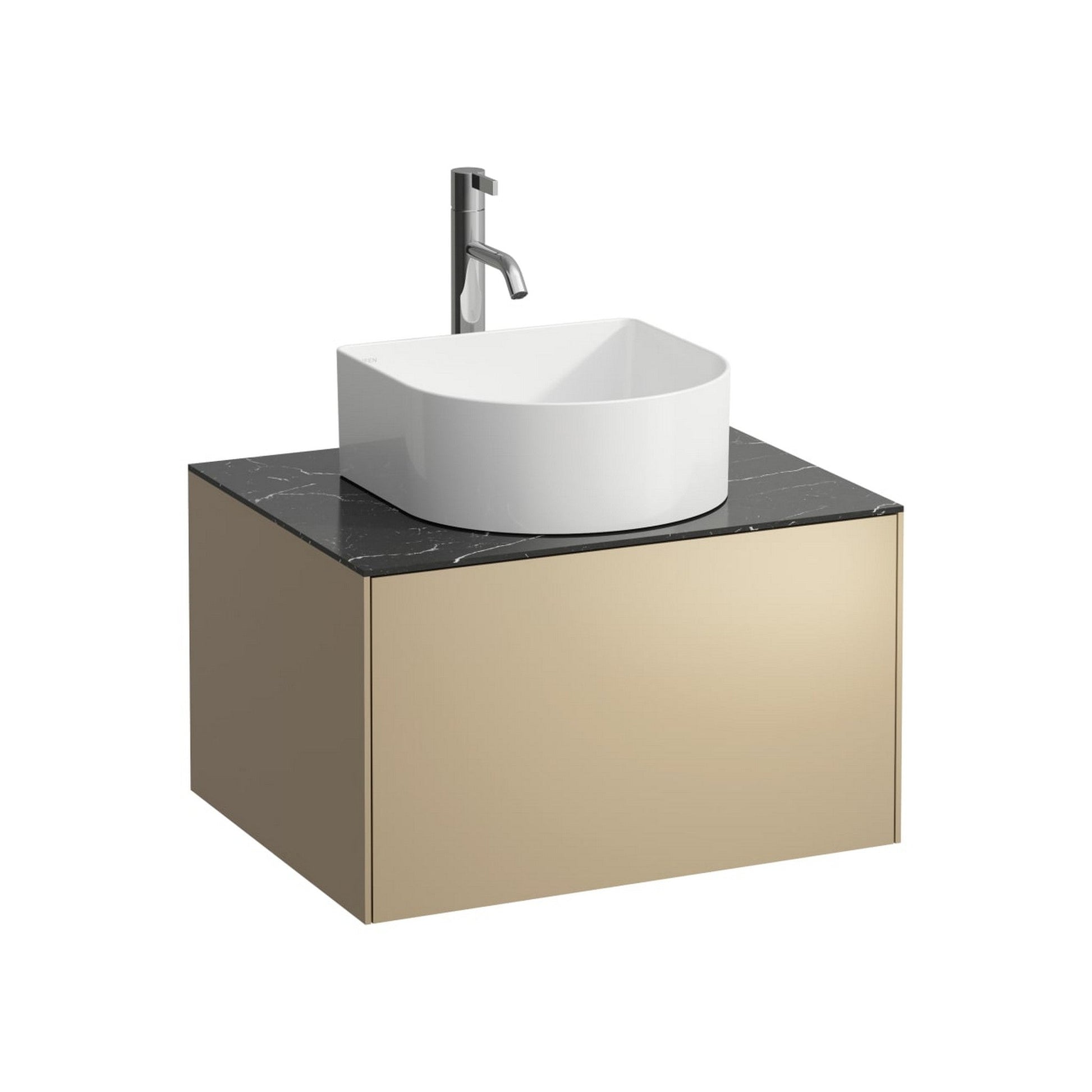 Laufen Sonar 23" 1-Drawer Gold Wall-Mounted Vanity With Nero Marquina Marble Top, Center Sink Cut-out, Pre-drilled Faucet Hole