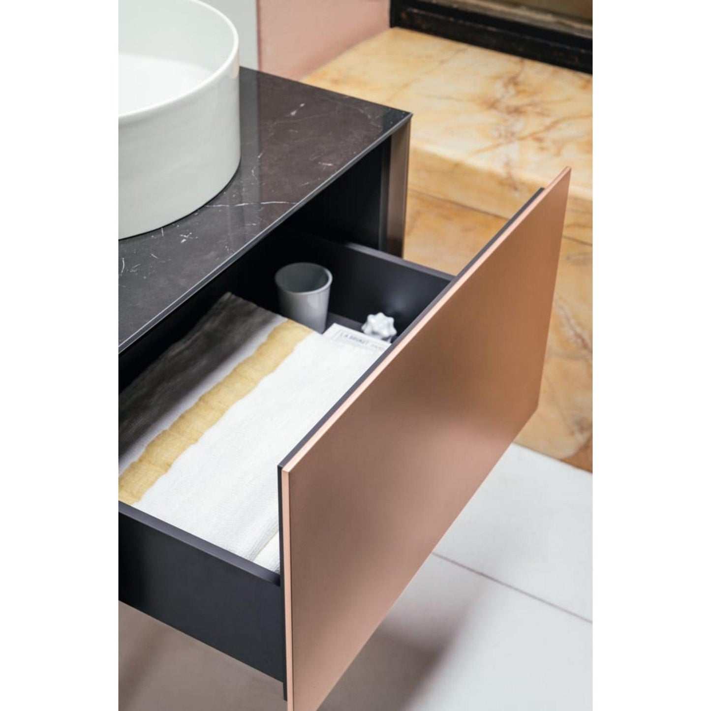 Laufen Sonar 23" 1-Drawer Gold Wall-Mounted Vanity With Nero Marquina Marble Top and Center Sink Cut-out