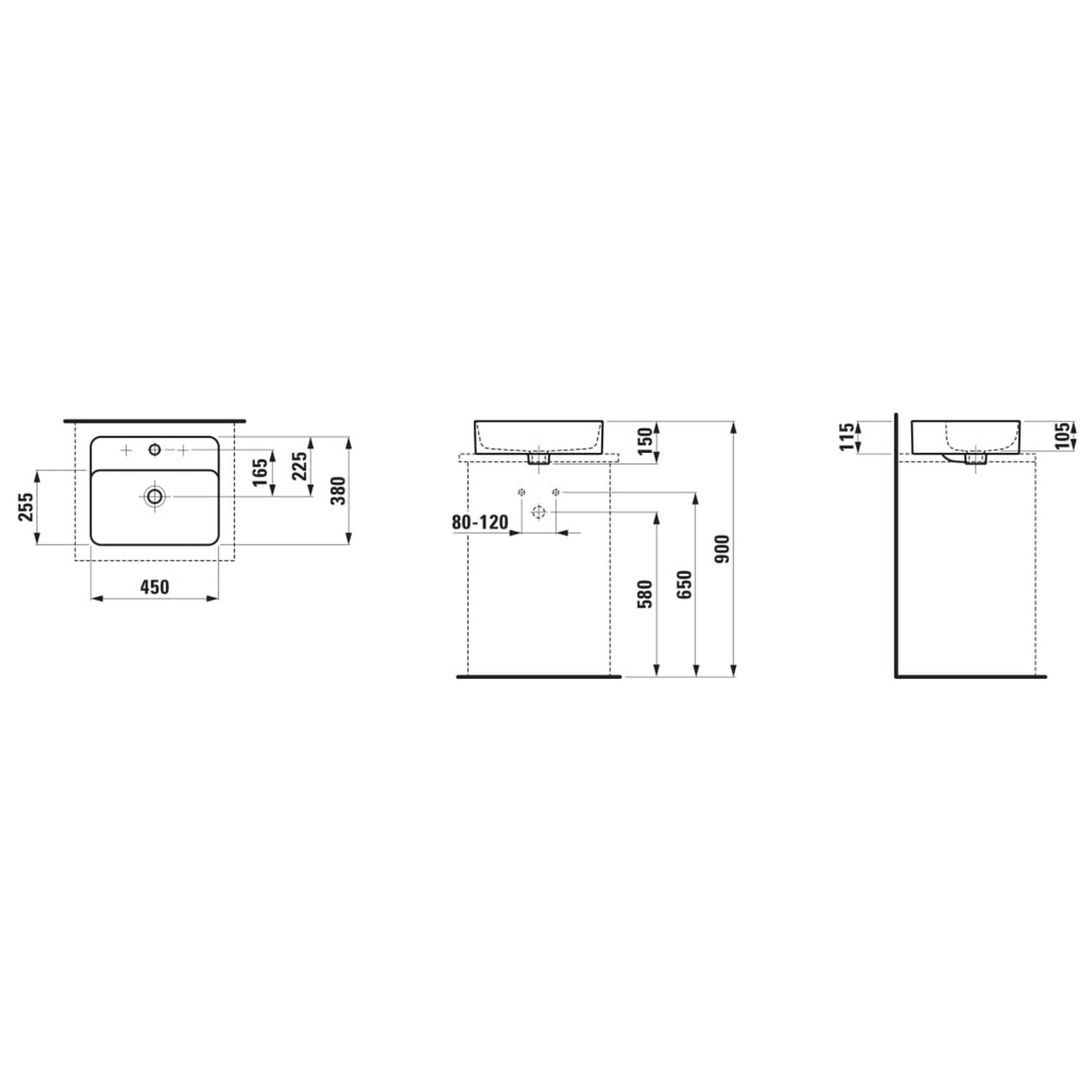 Laufen Val 18" Rectangular Matte Graphite Countertop Bathroom Sink With Faucet Hole, Without Overflow Slot