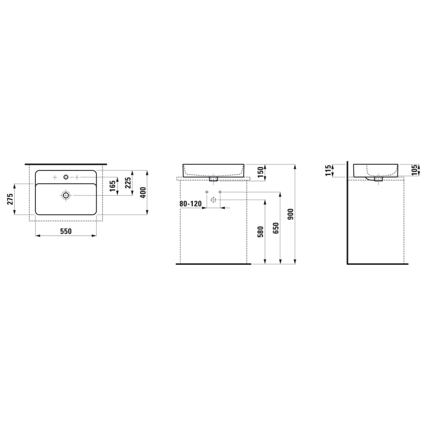 Laufen Val 22" Rectangular Matte Black Countertop Bathroom Sink Without Faucet Hole and Overflow Slot