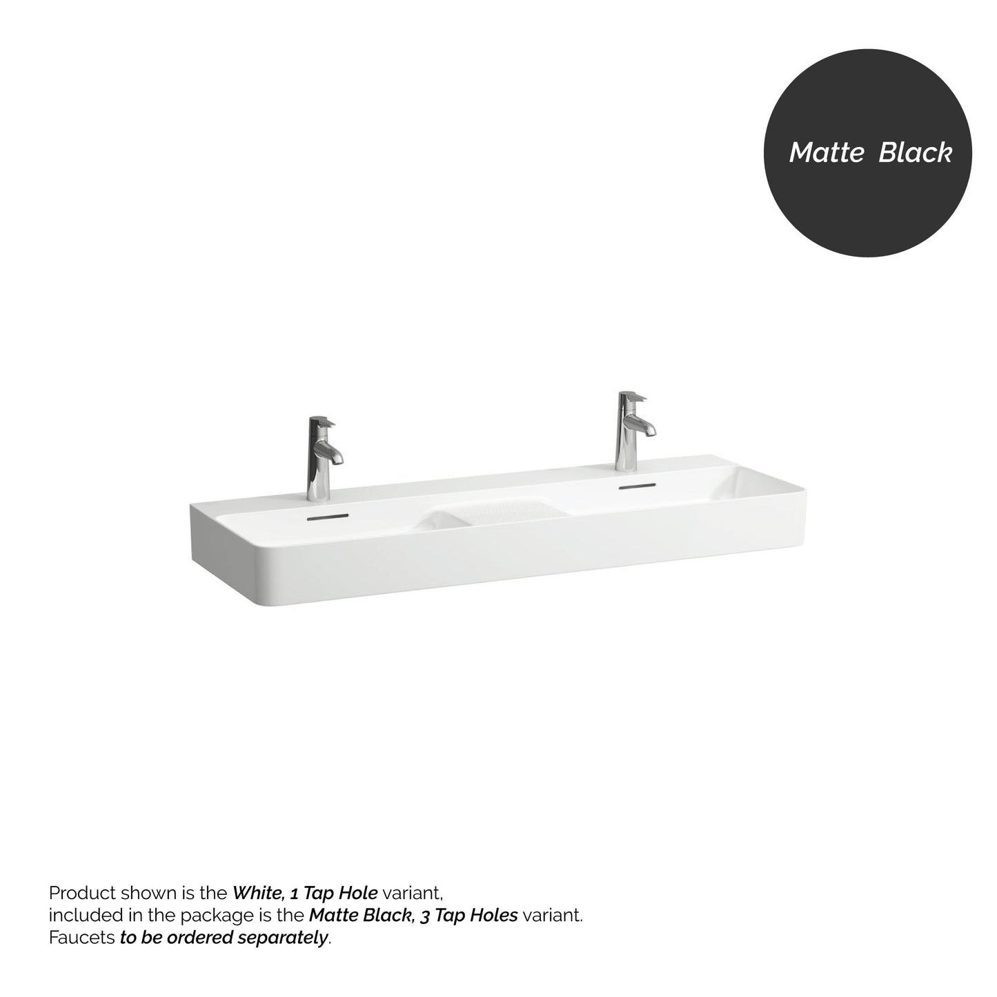 Laufen Val 47" x 17" Matte Black Ceramic Wall-Mounted Double Bathroom Sink With 6 Faucet Holes