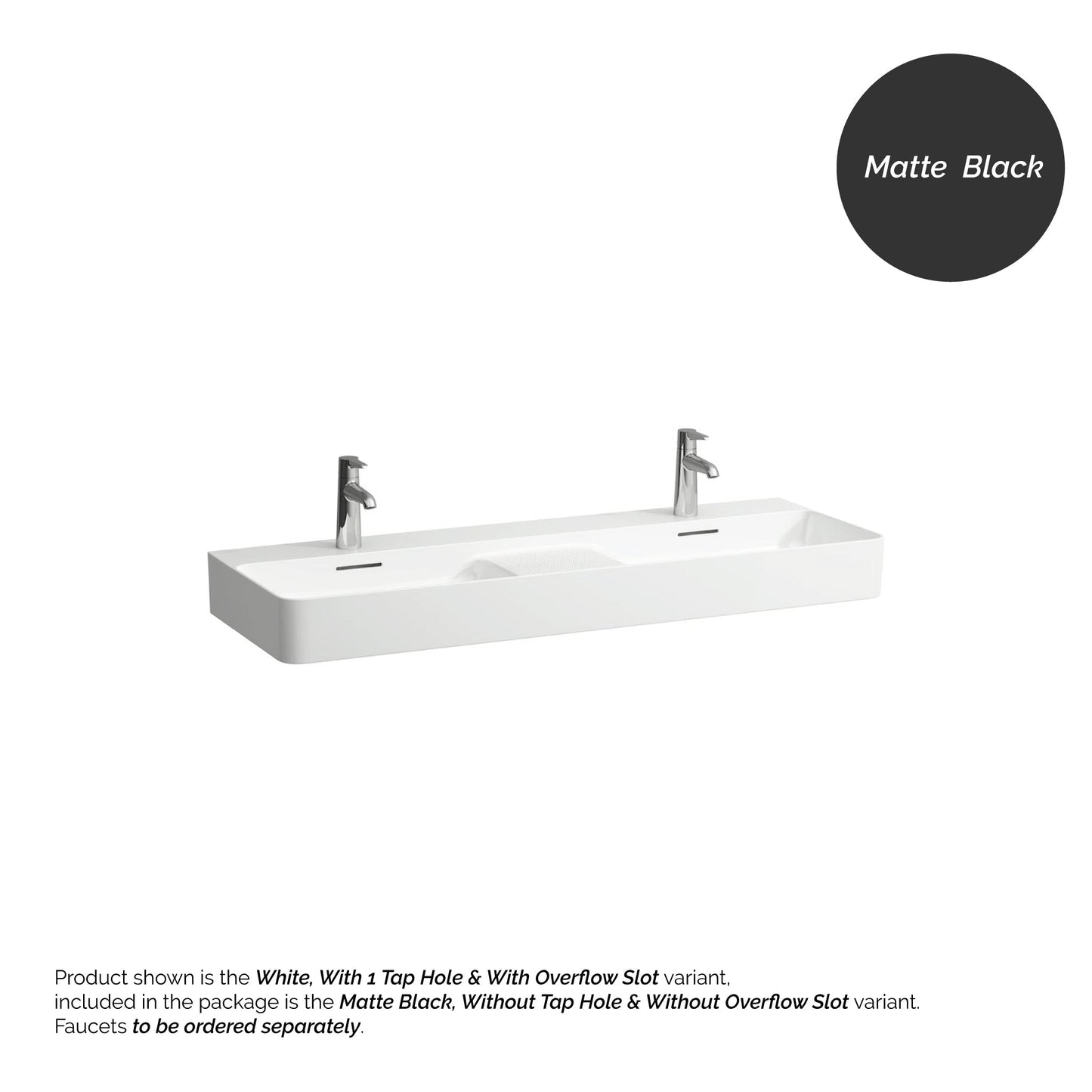 Laufen Val 47" x 17" Matte Black Ceramic Wall-Mounted Double Bathroom Sink Without Faucet Hole and Overflow Slot