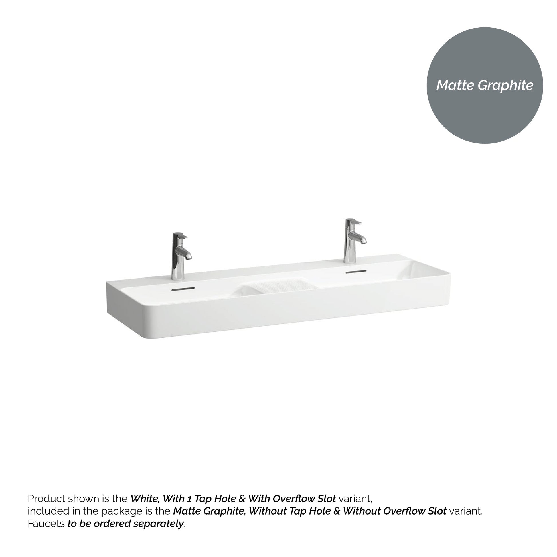 Laufen Val 47" x 17" Matte Graphite Ceramic Wall-Mounted Double Bathroom Sink Without Faucet Hole and Overflow Slot