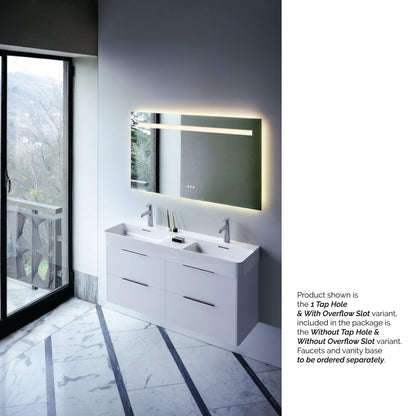 Laufen Val 47" x 17" Matte White Ceramic Wall-Mounted Double Bathroom Sink Without Faucet Hole and Overflow Slot
