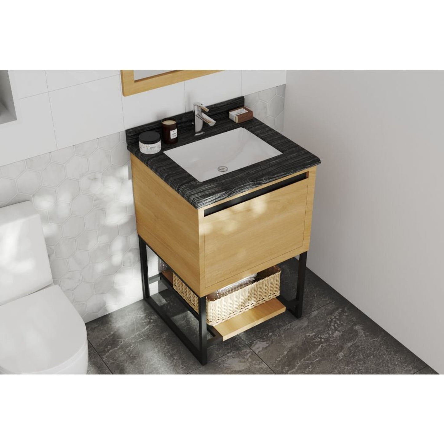 Laviva Alto 24" California White Oak Vanity Base and Black Wood Marble Countertop With Rectangular Ceramic Sink