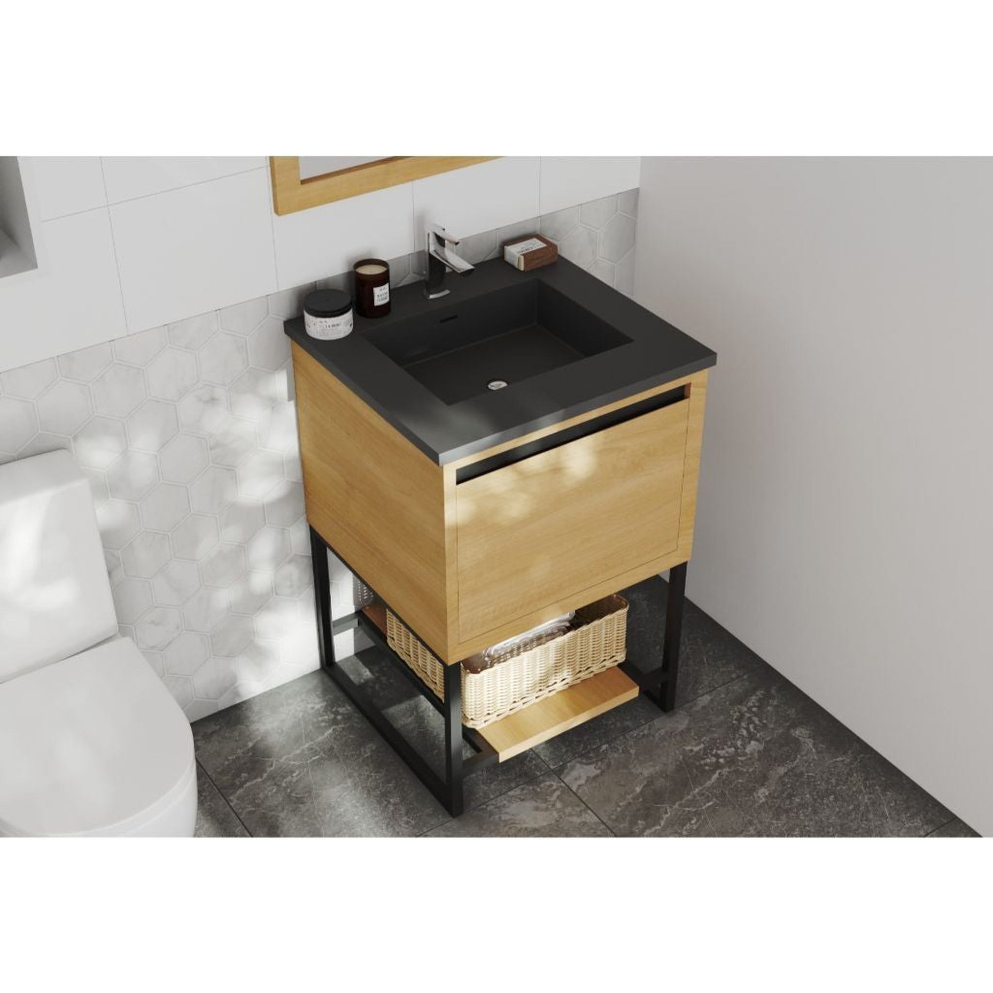 Laviva Alto 24" California White Oak Vanity Base and Matte Black Solid Surface Countertop With Integrated Sink