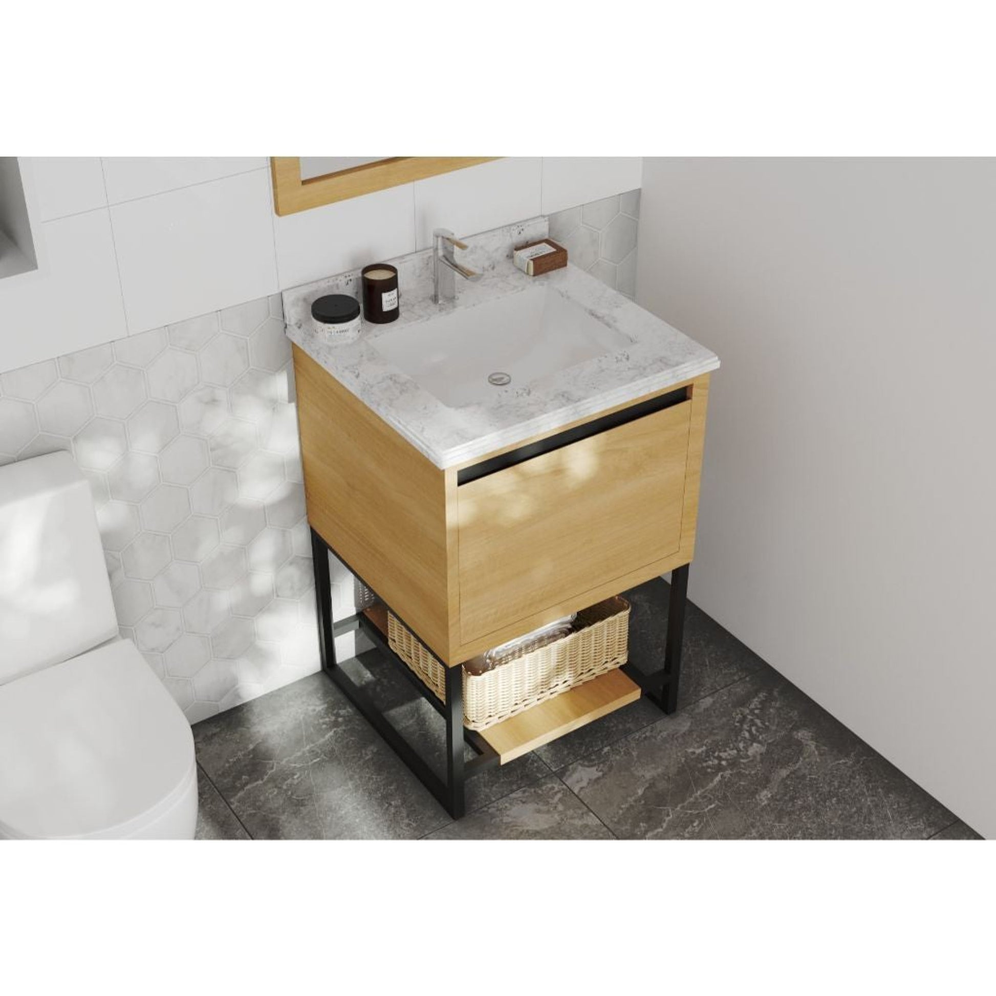 Laviva Alto 24" California White Oak Vanity Base and White Carrara Marble Countertop With Rectangular Ceramic Sink