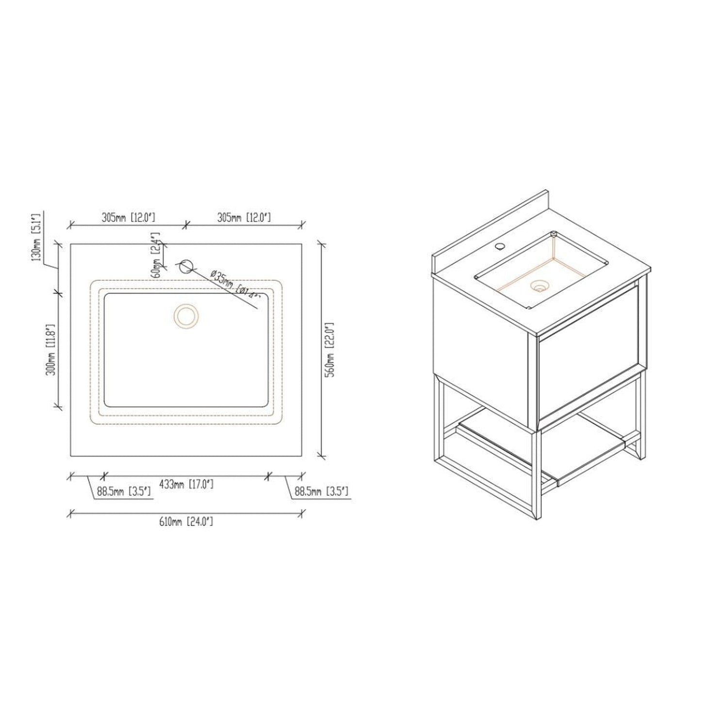 Laviva Alto 24" California White Oak Vanity Base and White Quartz Countertop With Rectangular Ceramic Sink