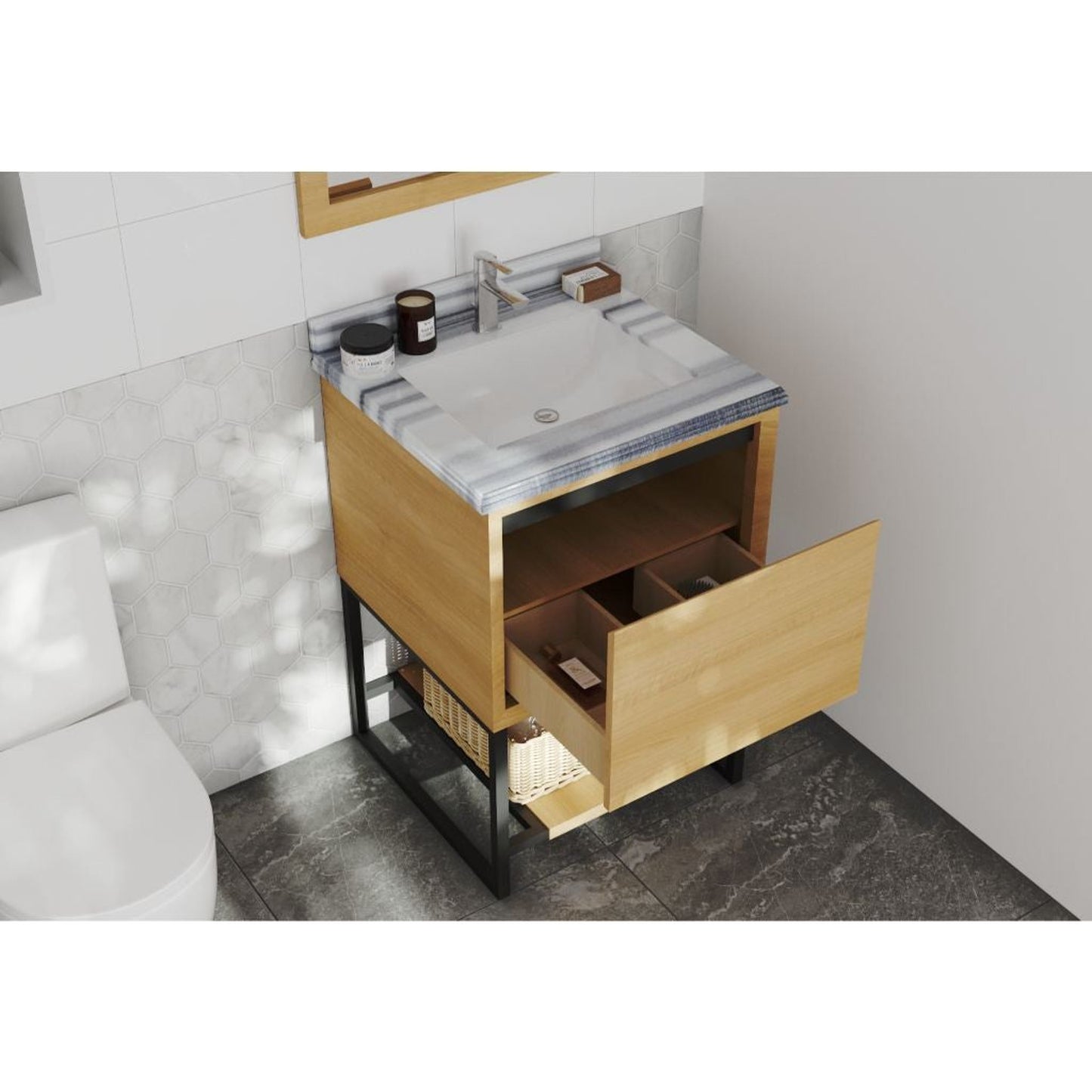 Laviva Alto 24" California White Oak Vanity Base and White Stripes Marble Countertop With Rectangular Ceramic Sink