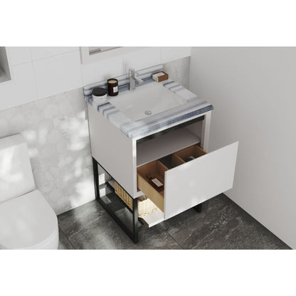 Laviva Alto 24" White Vanity Base and White Stripes Marble Countertop With Rectangular Ceramic Sink