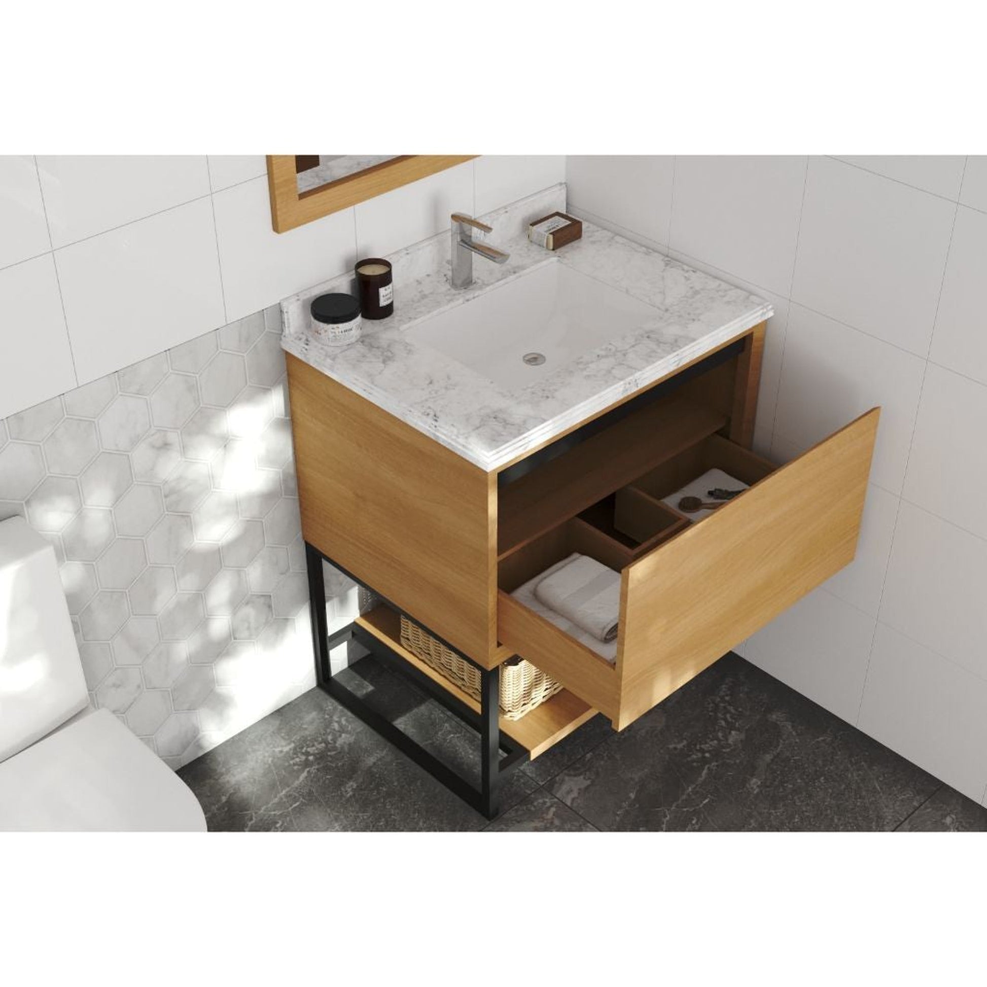 Laviva Alto 30" California White Oak Vanity Base and White Carrara Marble Countertop With Rectangular Ceramic Sink