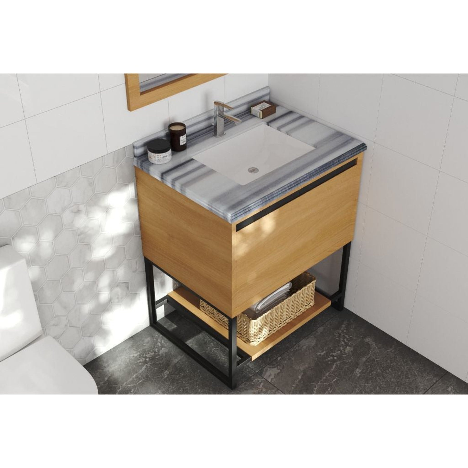Laviva Alto 30" California White Oak Vanity Base and White Stripes Marble Countertop With Rectangular Ceramic Sink