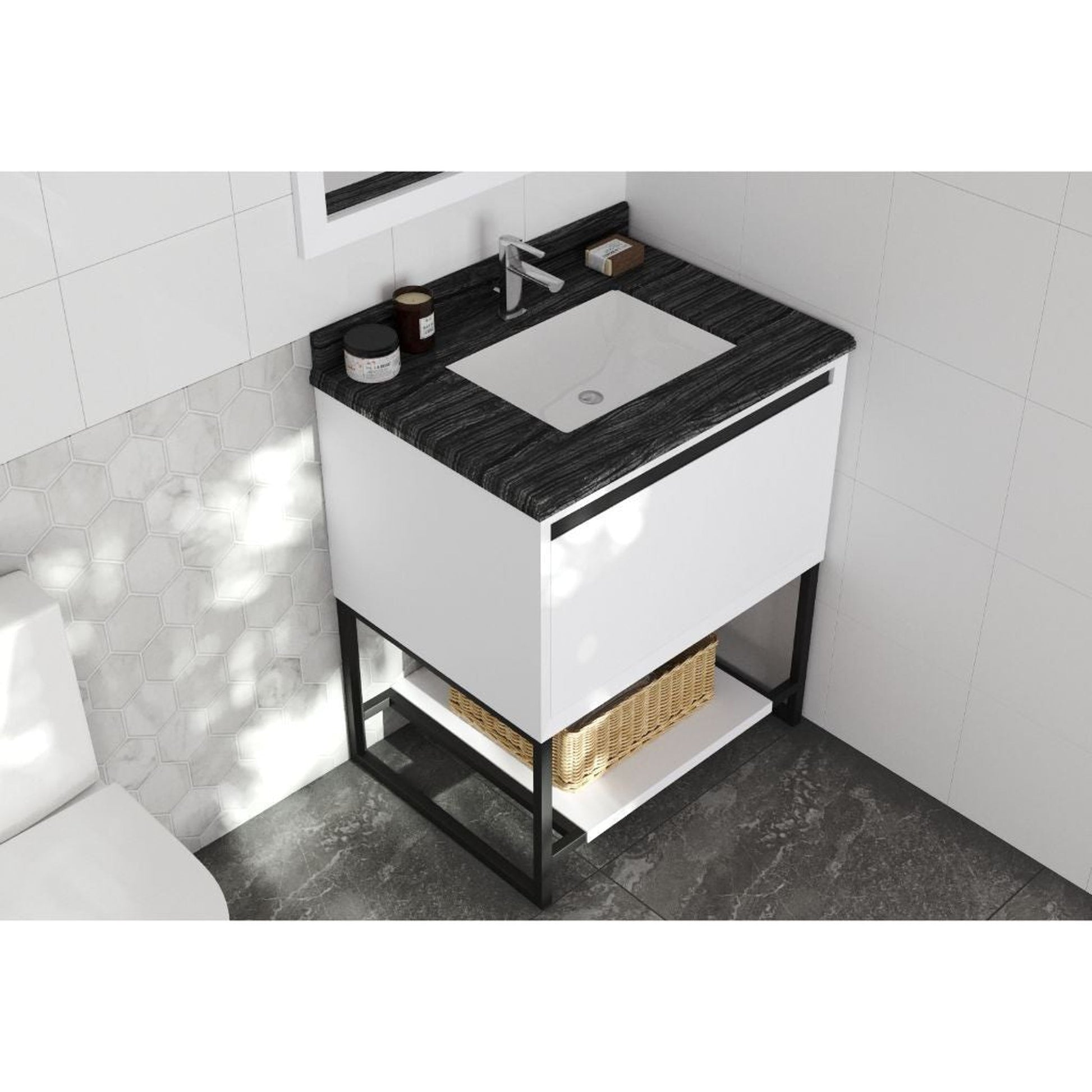 Laviva Alto 30" White Vanity Base and Black Wood Marble Countertop With Rectangular Ceramic Sink
