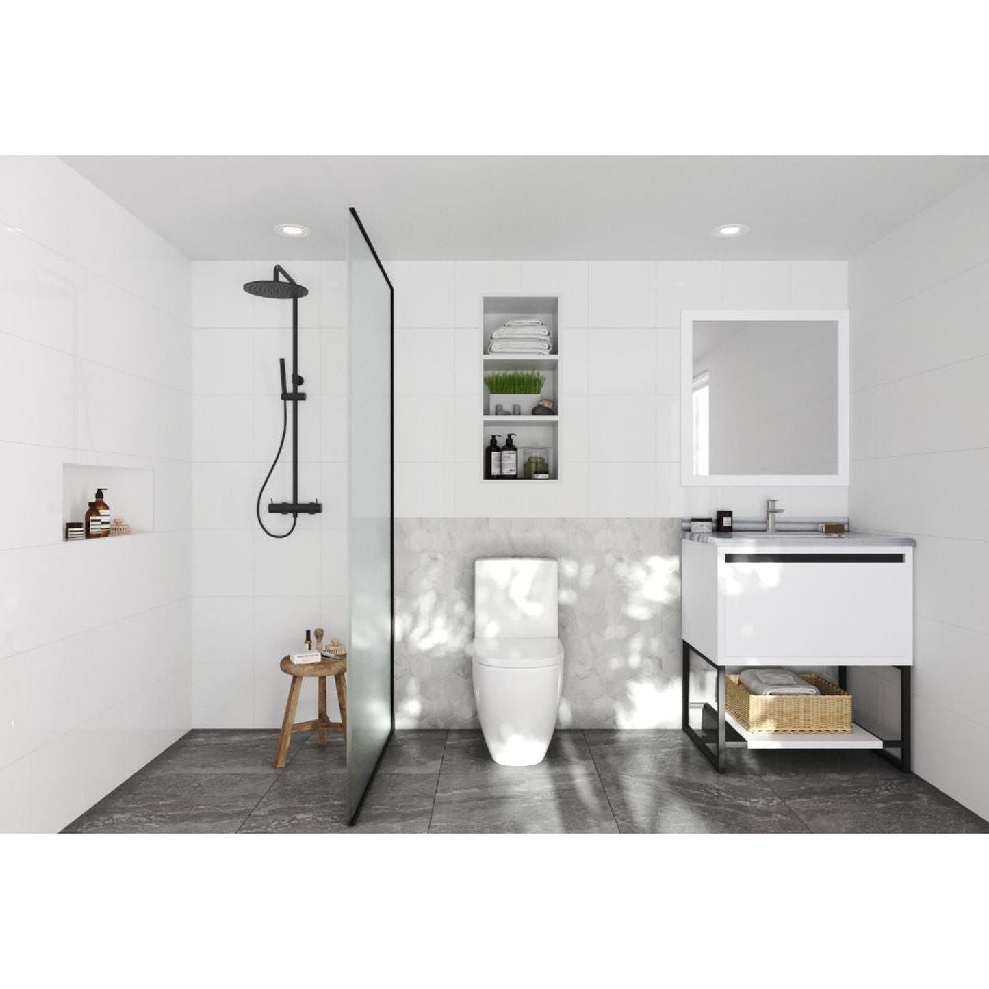 Laviva Alto 30" White Vanity Base and White Stripes Marble Countertop With Rectangular Ceramic Sink