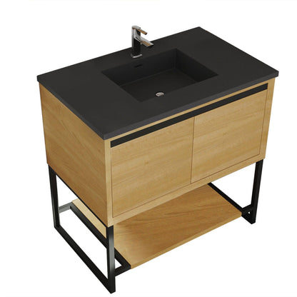 Laviva Alto 36" California White Oak Vanity Base and Matte Black Solid Surface Countertop With Integrated Sink