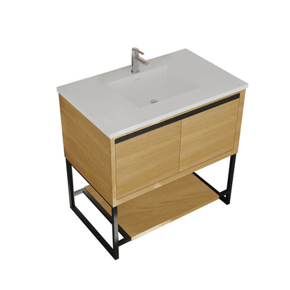 Laviva Alto 36" California White Oak Vanity Base and Matte White Solid Surface Countertop With Integrated Sink