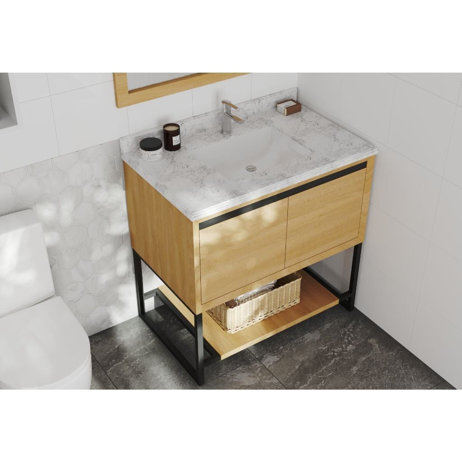 Laviva Alto 36" California White Oak Vanity Base and White Carrara Marble Countertop With Rectangular Ceramic Sink