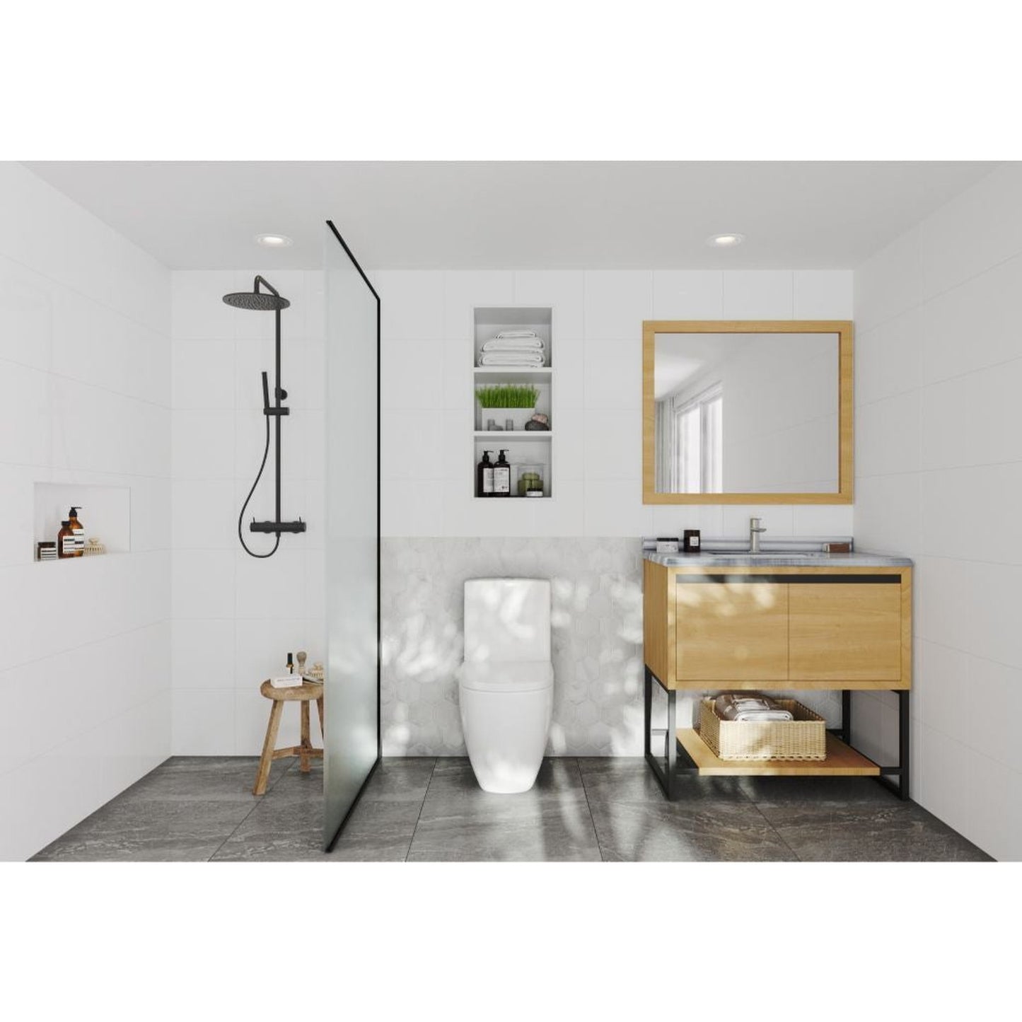 Laviva Alto 36" California White Oak Vanity Base and White Stripes Marble Countertop With Rectangular Ceramic Sink