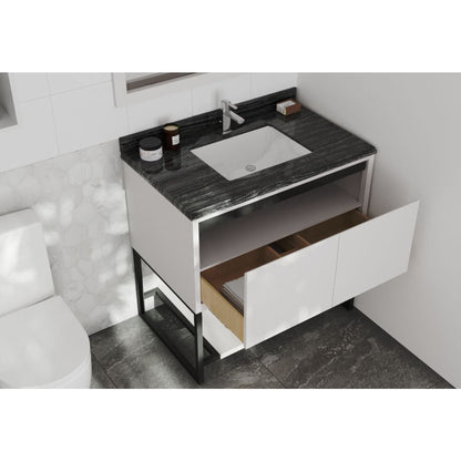 Laviva Alto 36" White Vanity Base and Black Wood Marble Countertop With Rectangular Ceramic Sink