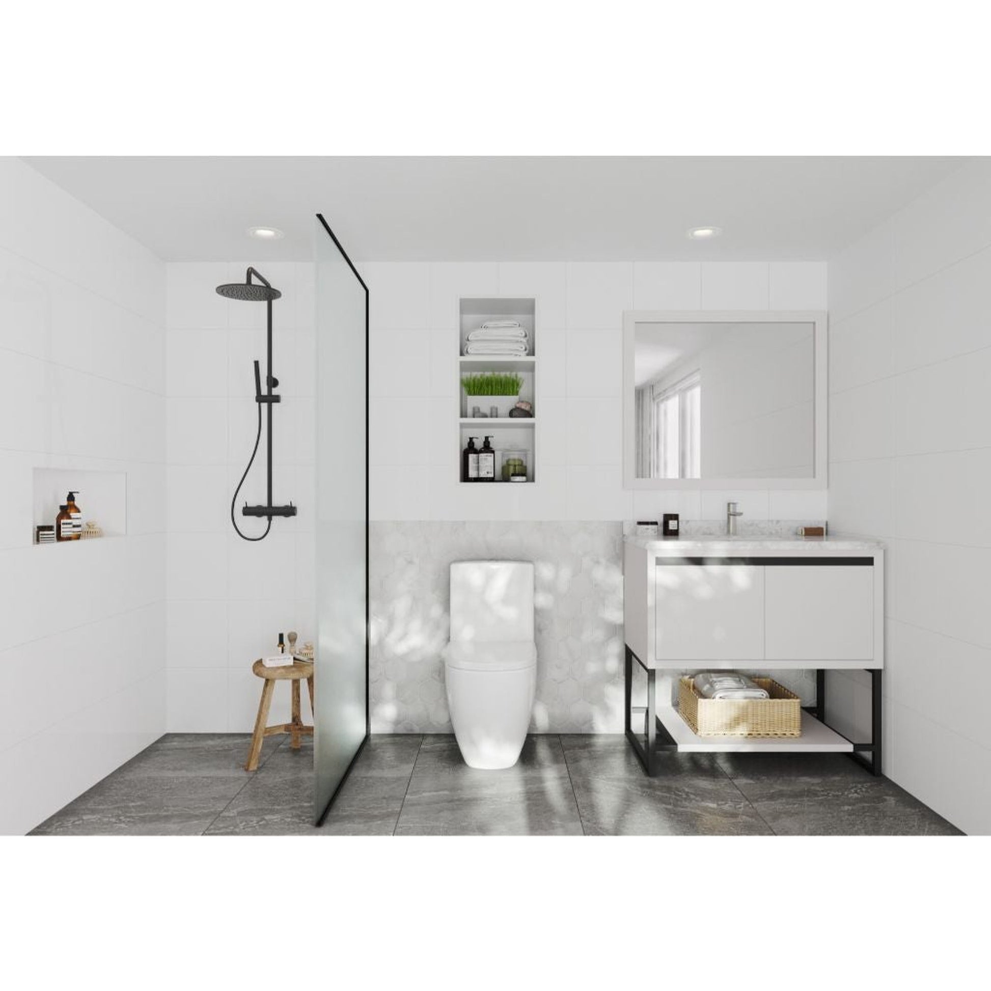 Laviva Alto 36" White Vanity Base and White Carrara Marble Countertop With Rectangular Ceramic Sink