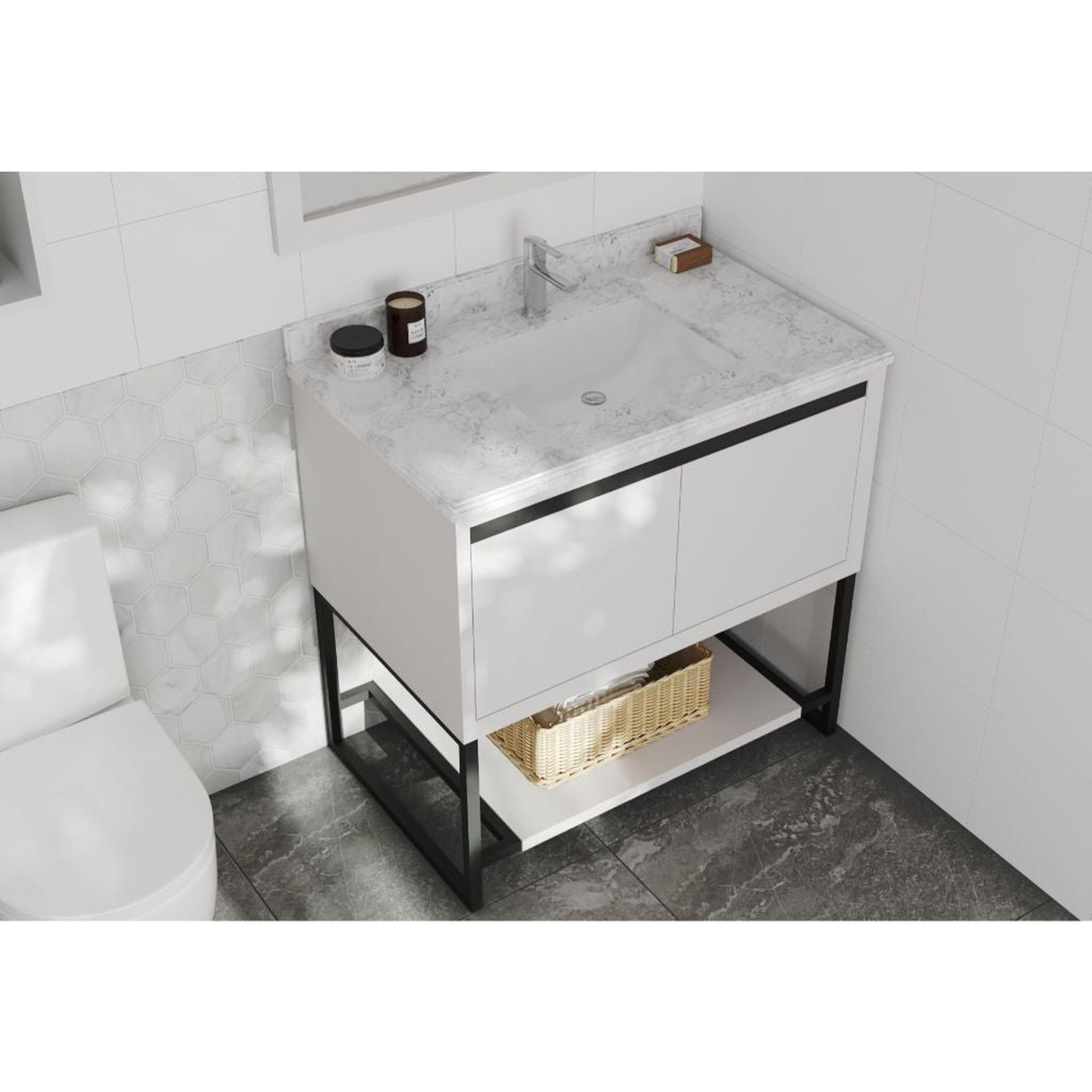 Laviva Alto 36" White Vanity Base and White Carrara Marble Countertop With Rectangular Ceramic Sink