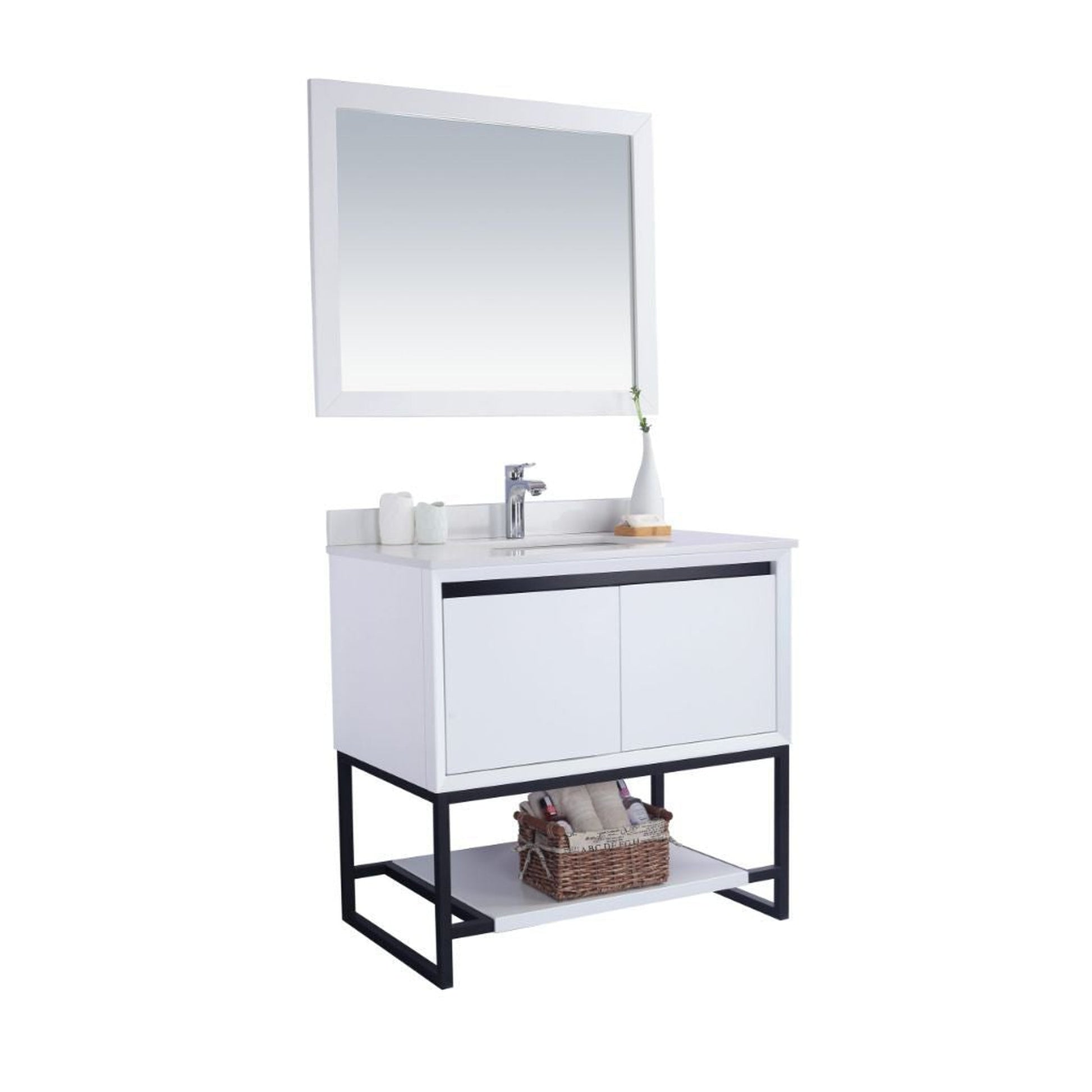 Laviva Alto 36" White Vanity Base and White Quartz Countertop With Rectangular Ceramic Sink