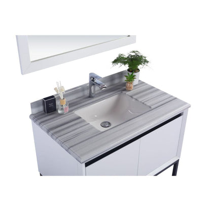 Laviva Alto 36" White Vanity Base and White Stripes Marble Countertop With Rectangular Ceramic Sink