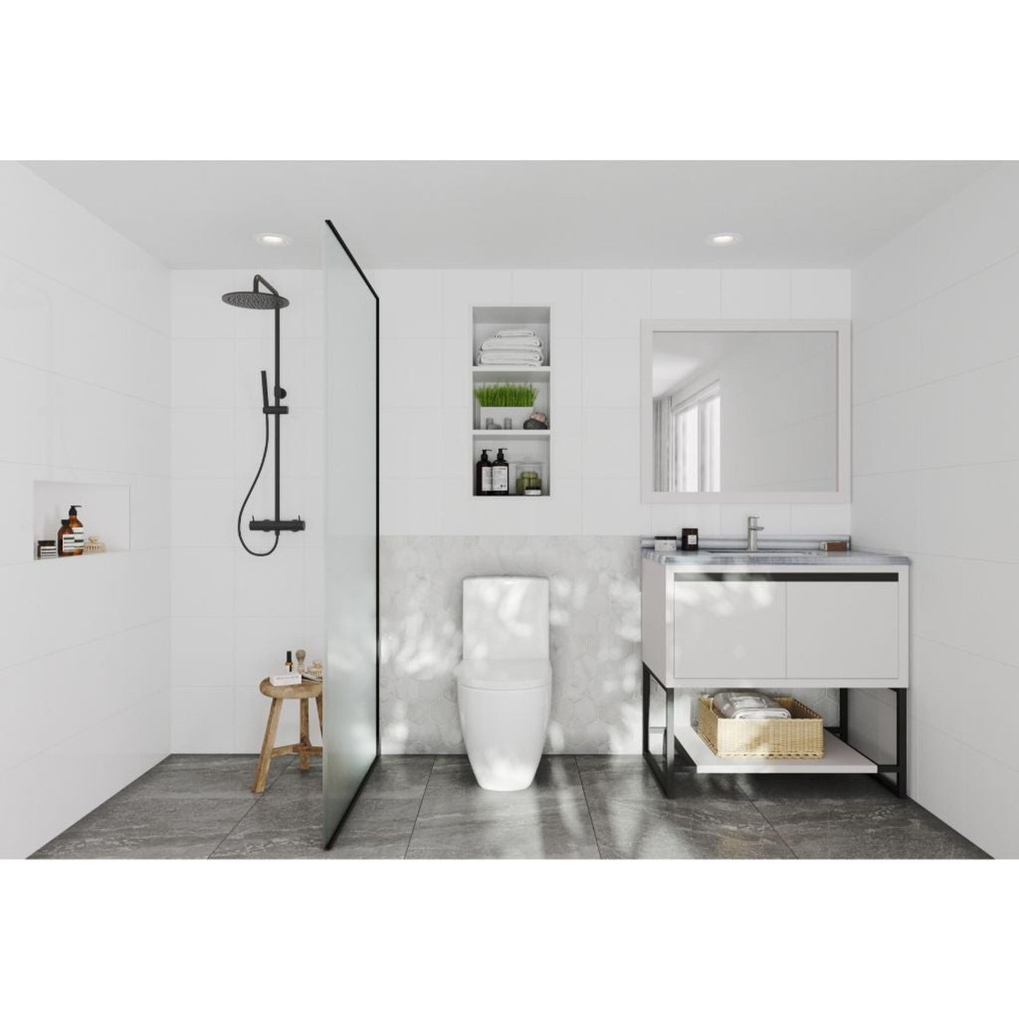 Laviva Alto 36" White Vanity Base and White Stripes Marble Countertop With Rectangular Ceramic Sink