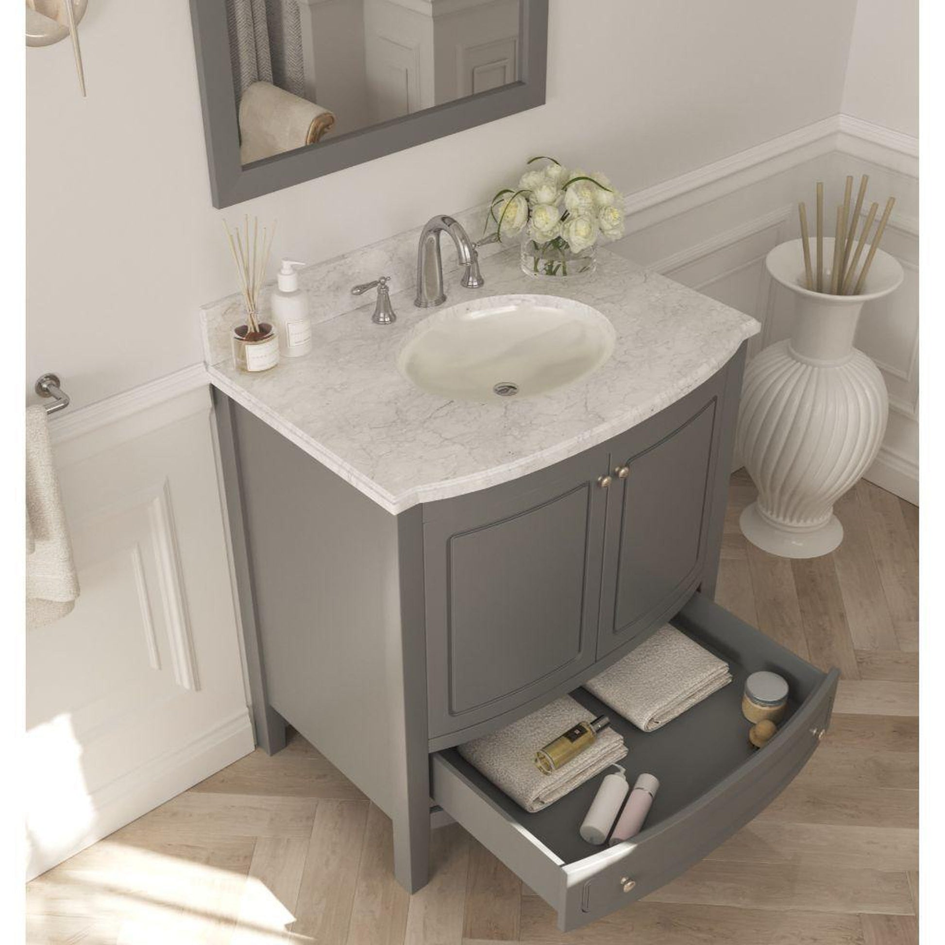 Laviva Estella 32" Freestanding Gray Vanity Base and White Carrara Marble Countertop With Oval Ceramic Sink