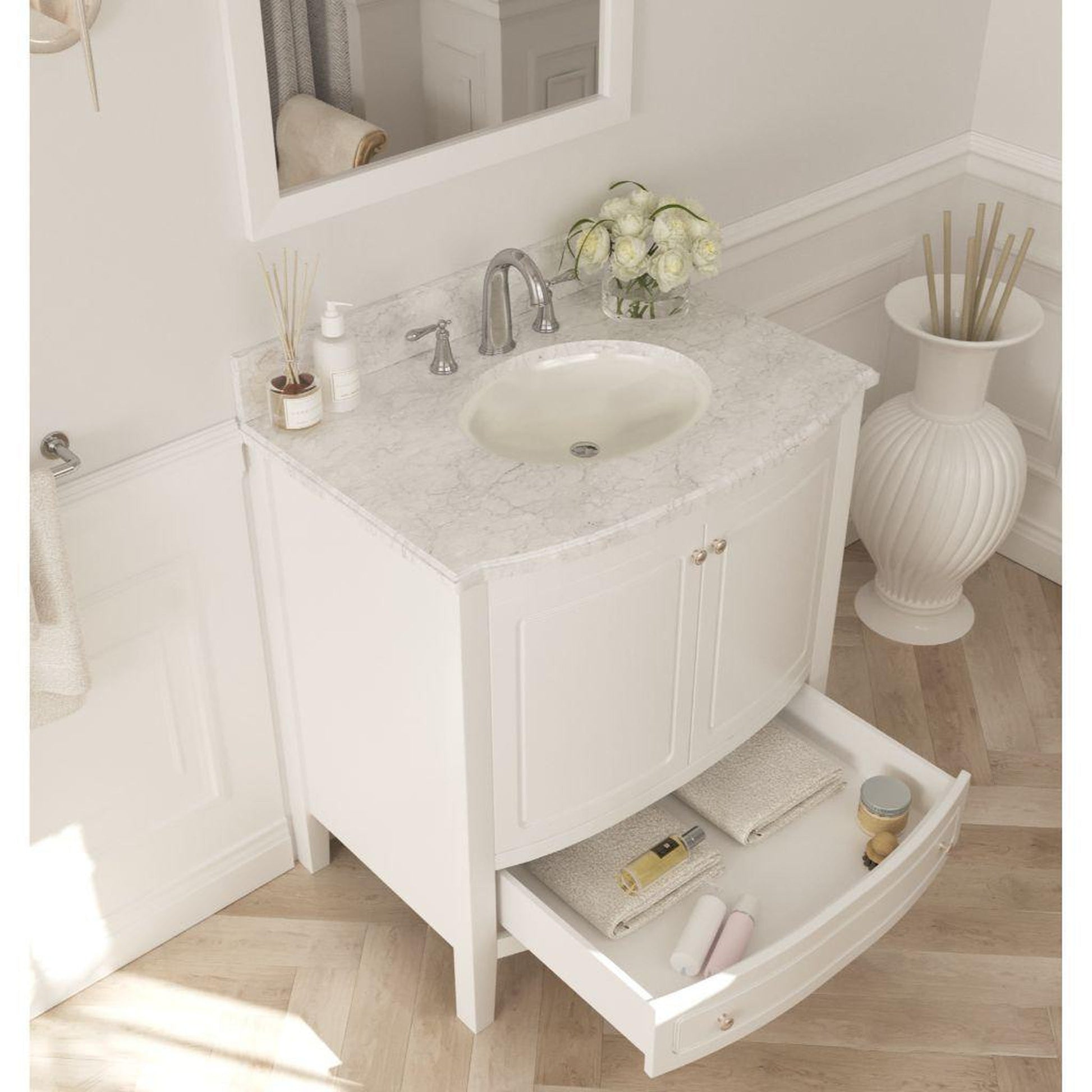 Laviva Estella 32" Freestanding White Vanity Base and White Carrara Marble Countertop With Oval Ceramic Sink