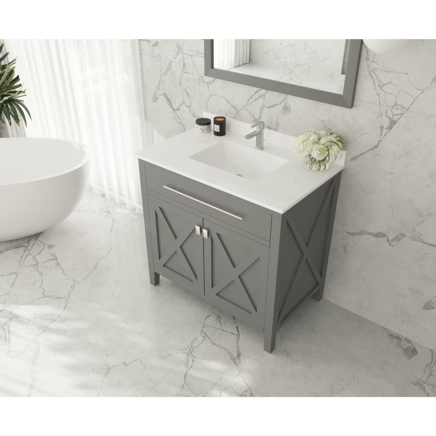 Laviva Forever 36" Single Hole White Quartz Countertop with Rectangular Ceramic Sink