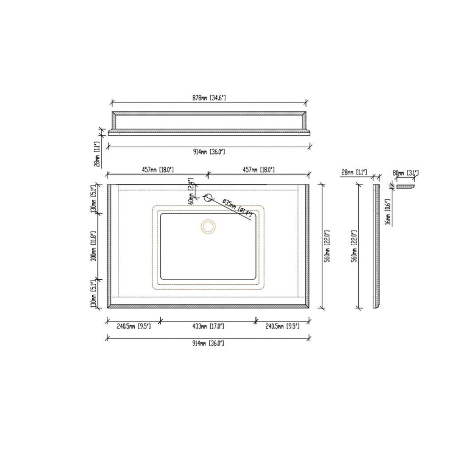 Laviva Forever 36" Single Hole White Stripes Marble Countertop With Rectangular Ceramic Sink