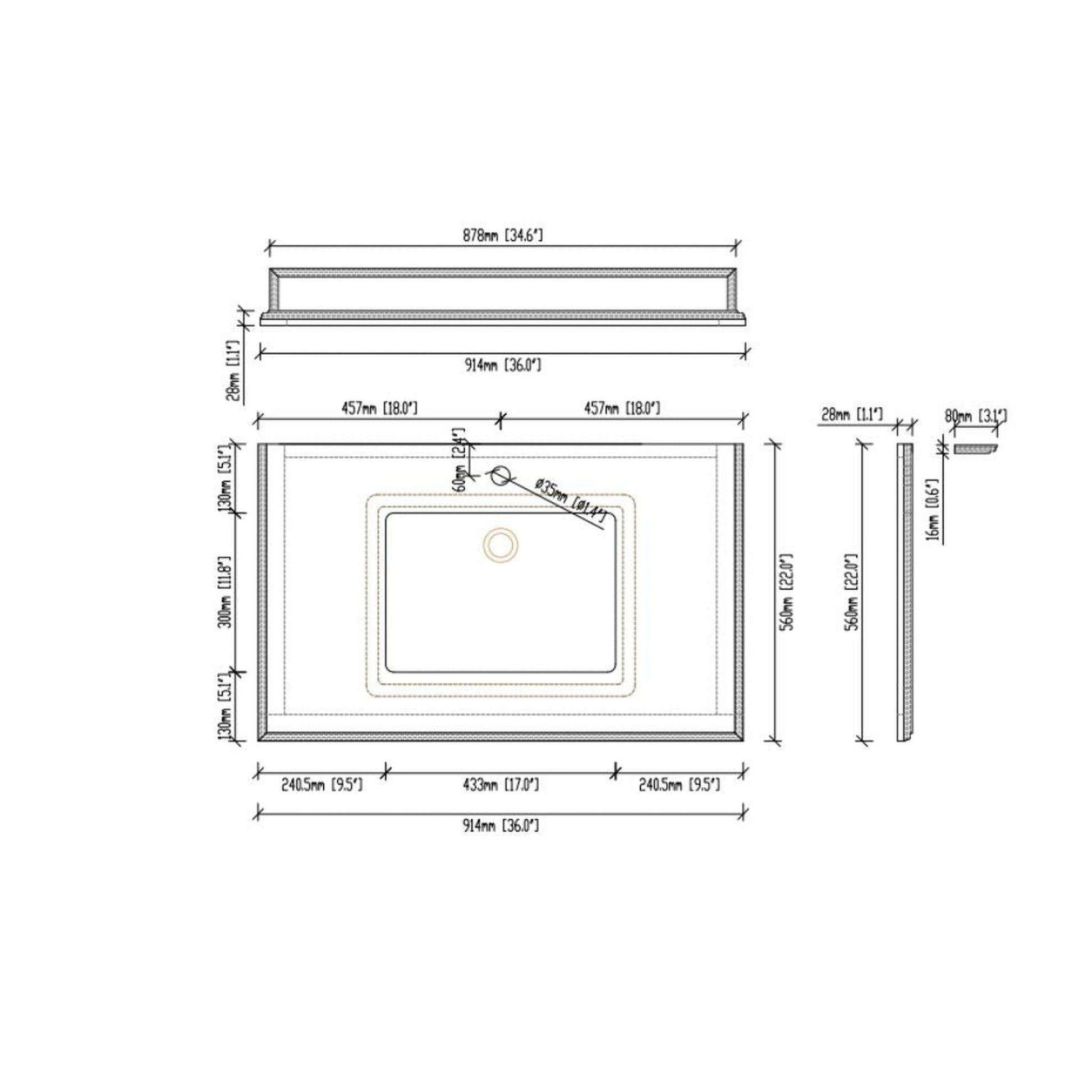 Laviva Forever 36" Single Hole White Stripes Marble Countertop With Rectangular Ceramic Sink