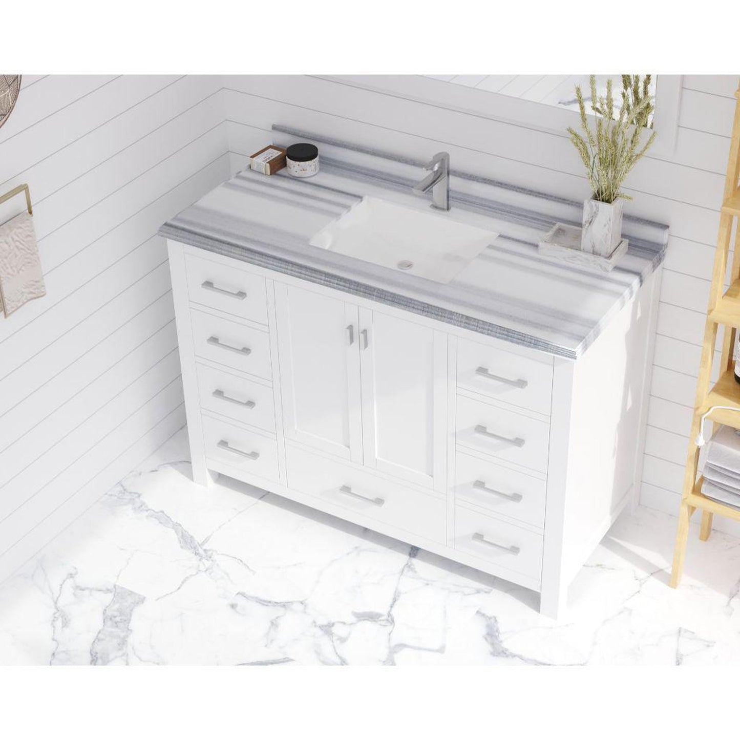 Laviva Forever 48" Single Hole White Stripes Marble Countertop With Rectangular Ceramic Sink