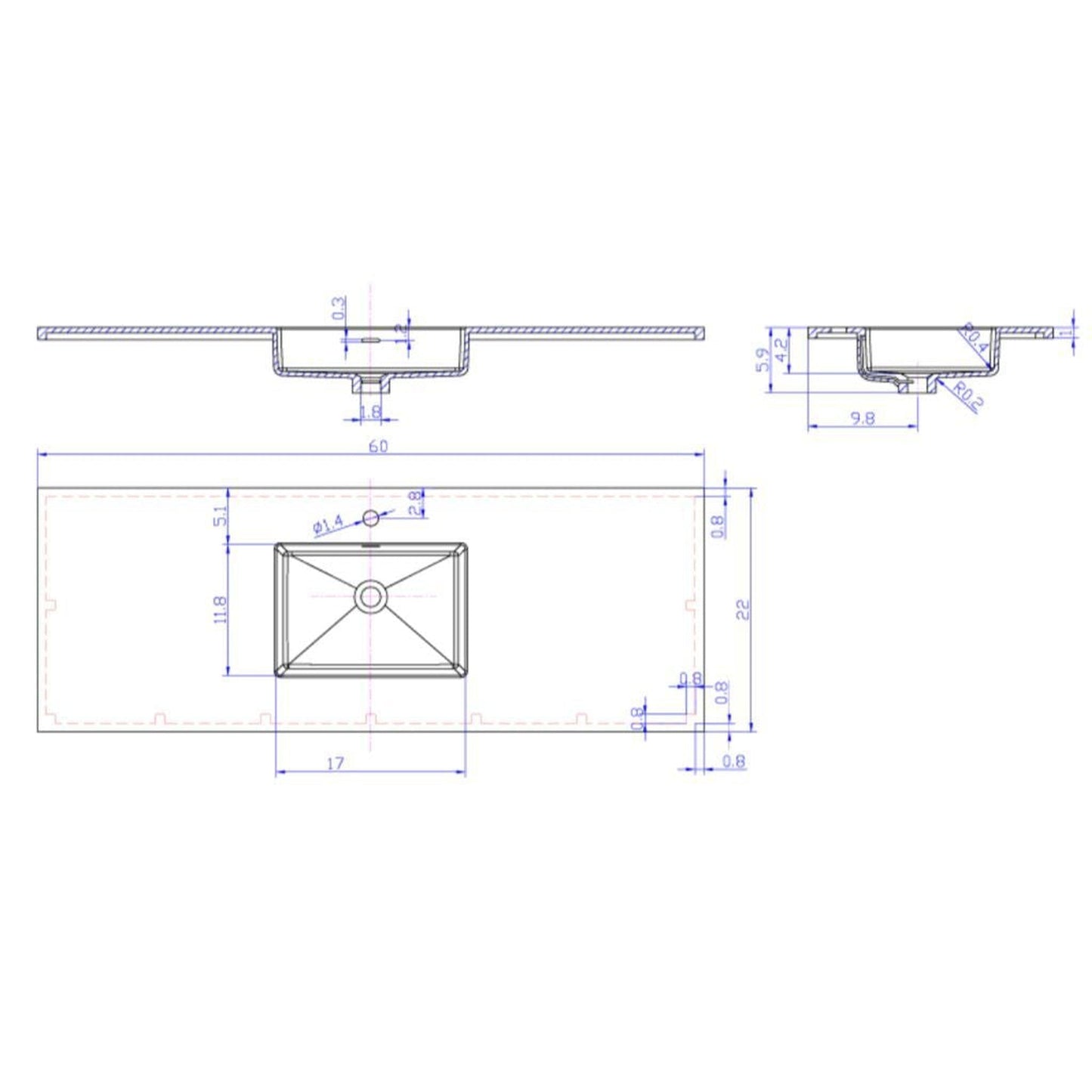 Laviva Forever 60" Matte Black Viva Stone Solid Surface Countertop With Single Integrated Sinks